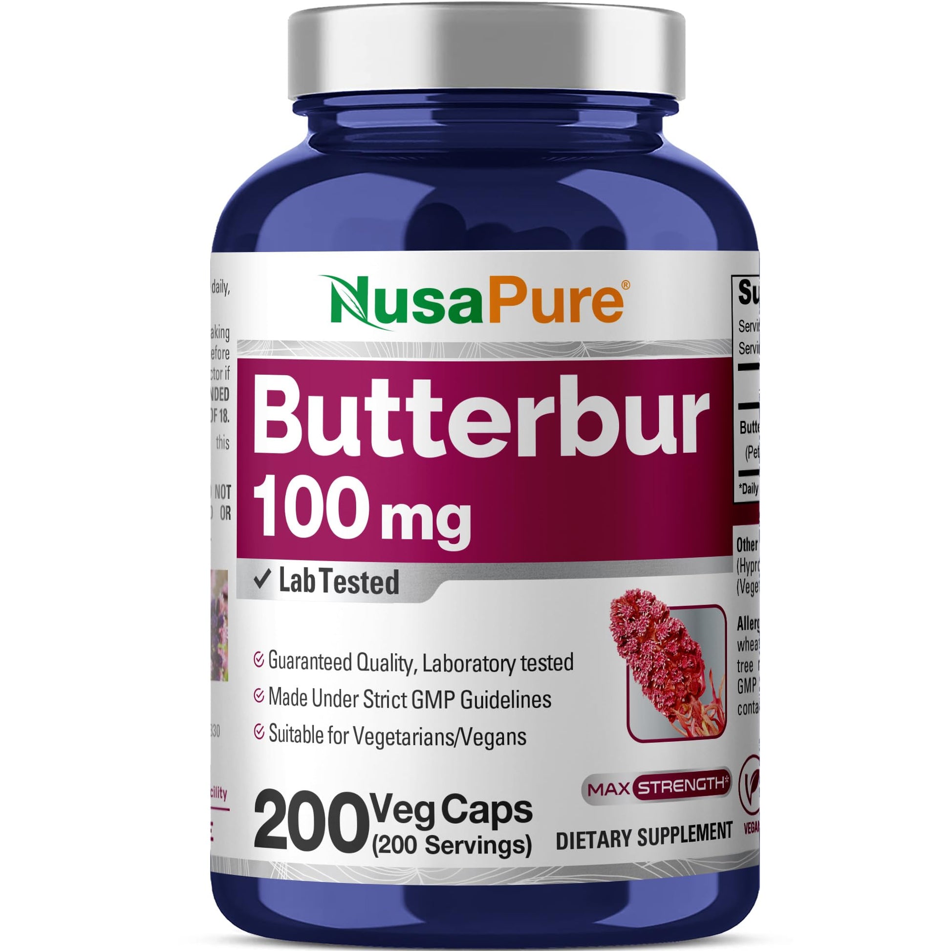 NusaPure Butterbur Extract 100mg per caps 200 Veggie Capsules (Non-GMO, Vegetarian, Vegan) NusaPure Au supplements