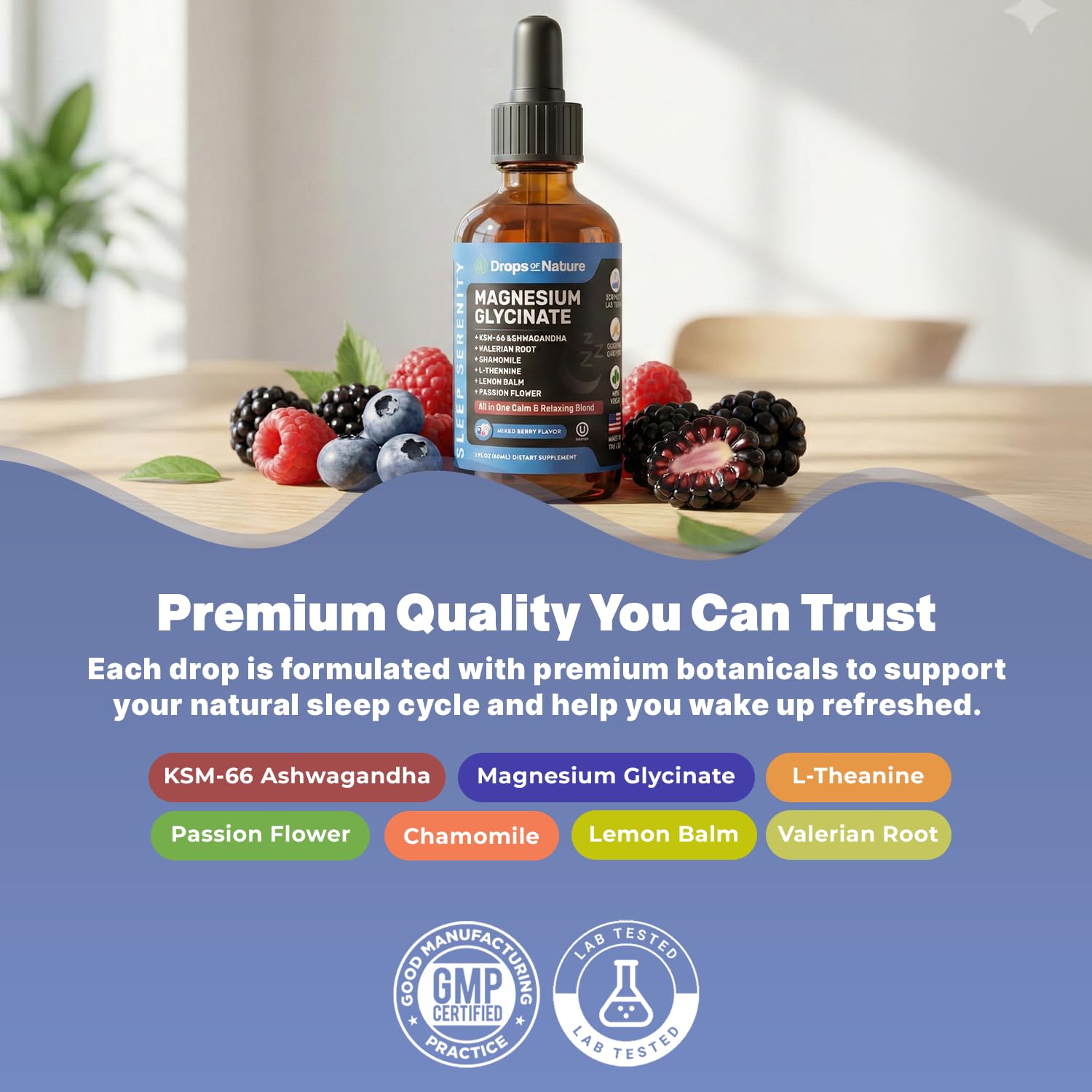 Magnesium Glycinate & Ashwagandha Liquid Drops with Valerian Root, Chamomile, Passion Flower, Lemon Balm & L-Theanine - Vegan Fast Absorption - Supplement for Wellness & Relaxation (Mixed Berry, 60mL) Drops Of Nature Au supplements