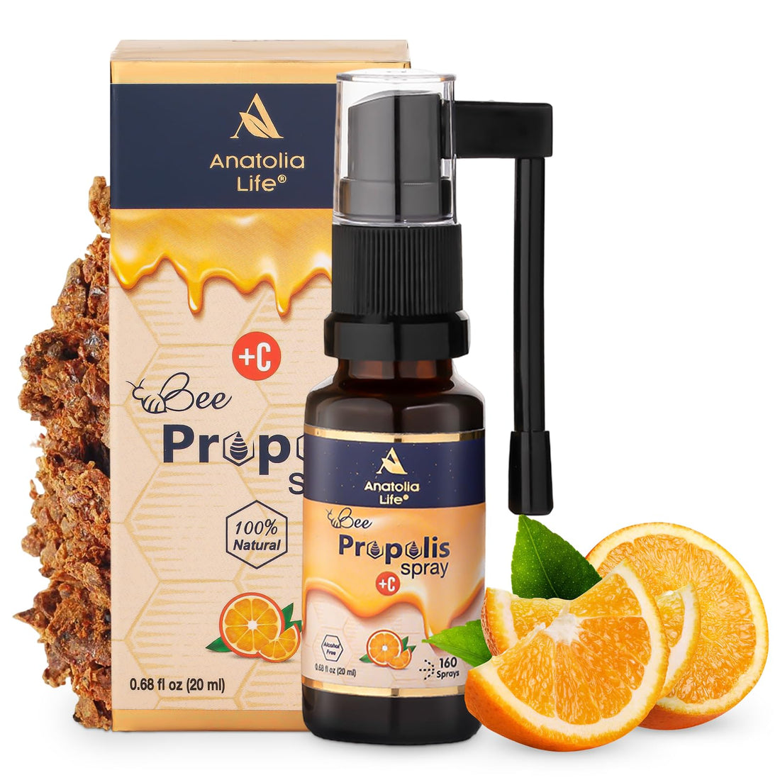 Anatolia Life Bee Propolis Spray + Vitamin C – Alcohol-Free, Natural Orange Flavor, 100% Pure Bee Propolis Extract, Antioxidant Support, Gentle Throat Comfort – 20 ml (~160 Sprays) Anatolia Life Au supplements