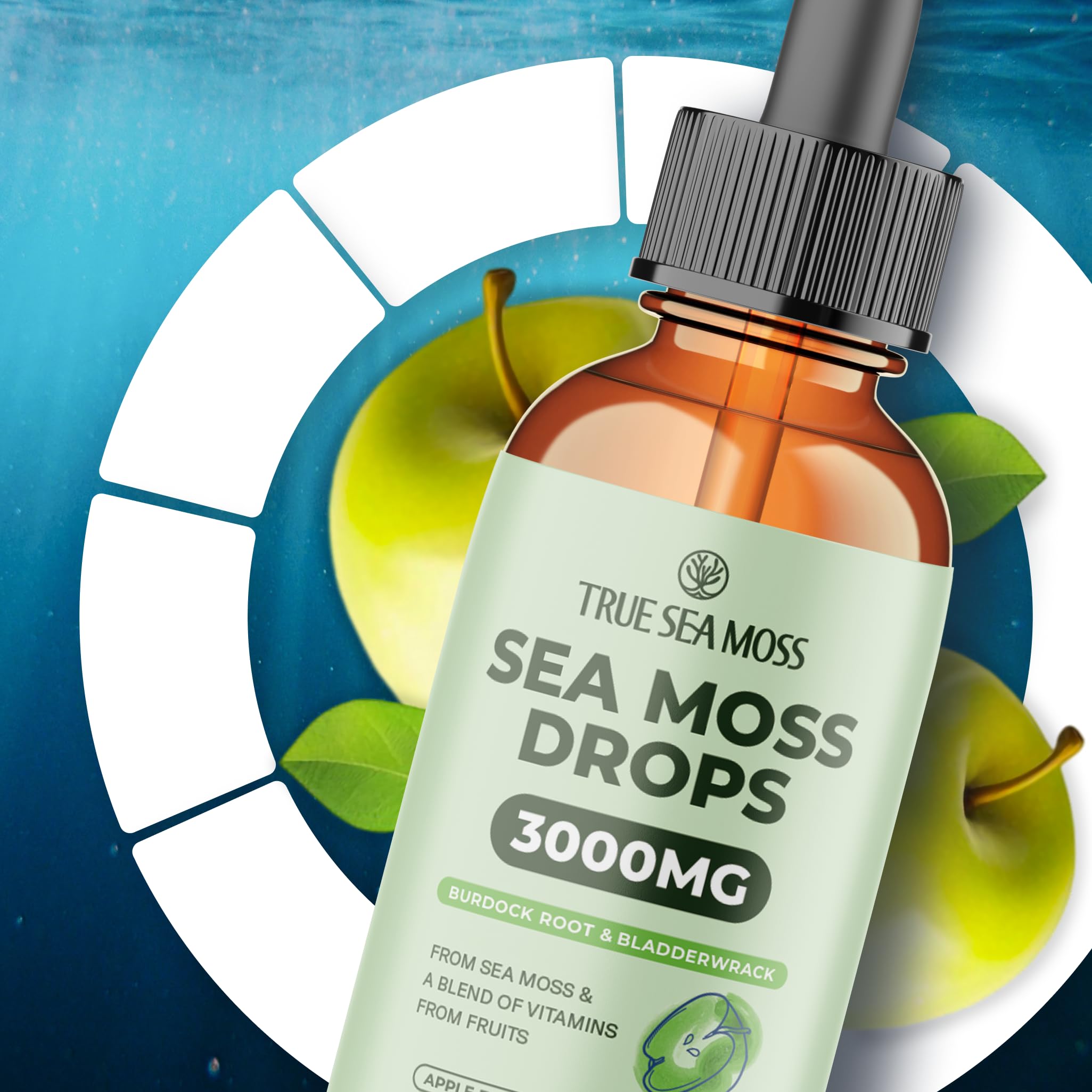 Irish Sea Moss Liquid Drops - 3000mg Formula - with Bladderwrack, Burdock Root & Black Cumin Seed - Liquid Supplement - Apple Flavor - 2 Fl Oz (60ml) TrueSeaMoss Au supplements