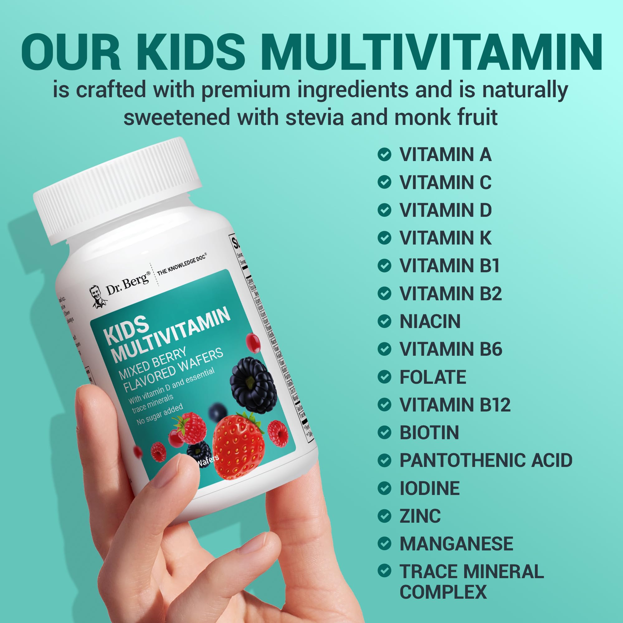 Dr. Berg Kids Chewable Multivitamins (NOT Sweetened w/Sugar) - Daily Multivitamin for Kids that Includes 20 Nutrients & Trace Mineral Complex - Mixed Berry Chewable Vitamins for Kid - Red Wafers Dr. Berg Nutritionals Au supplements