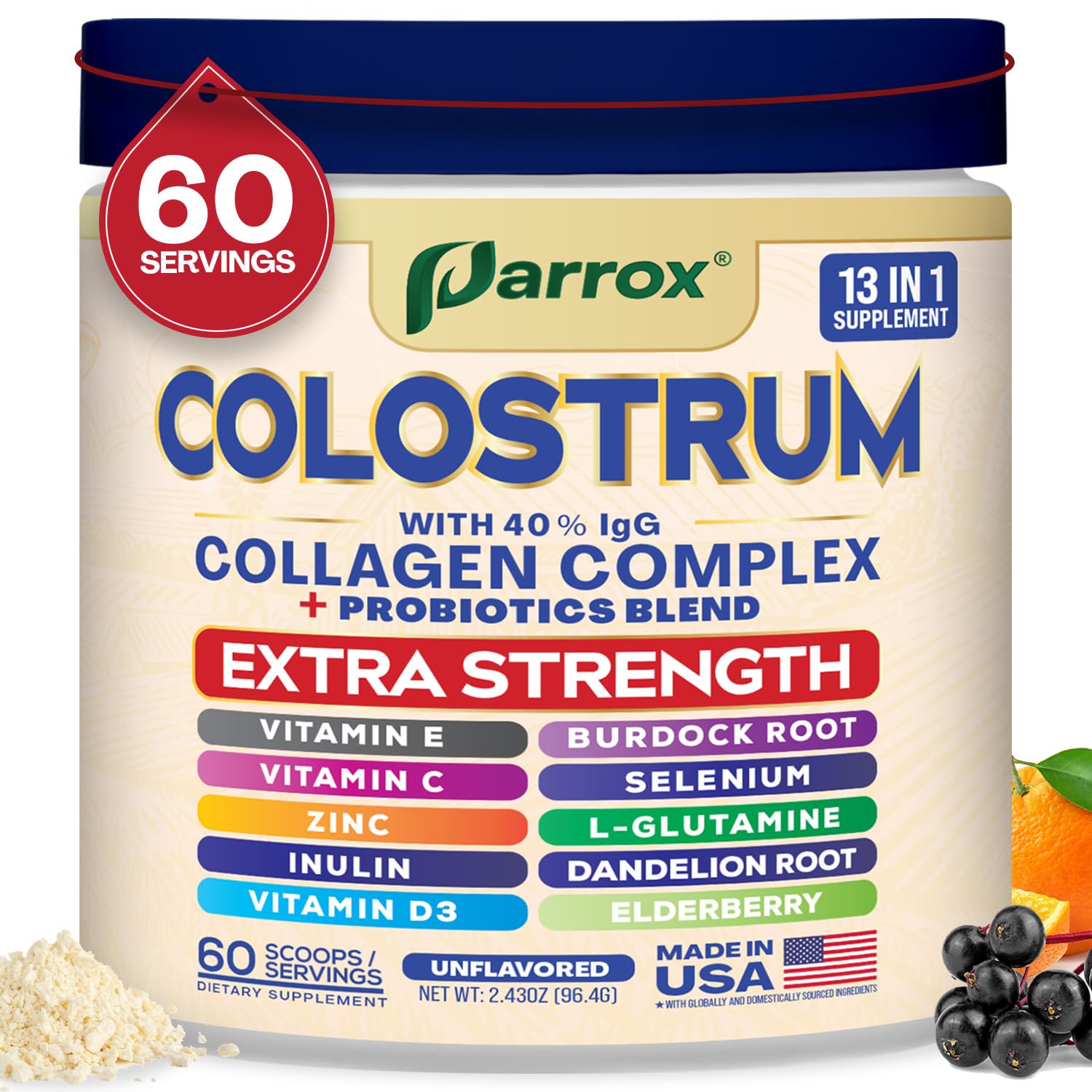 Parrox Colostrum Powder with 40% IgG, Collagen, Probiotics, Burdock Root, L-Glutamine, Elderberry, Vitamin C, Vitamin E, Vitamin D3, Inulin, Selenium, Dandelion Root, Zinc, 60 Servings (Unflavored) Parrox Au supplements