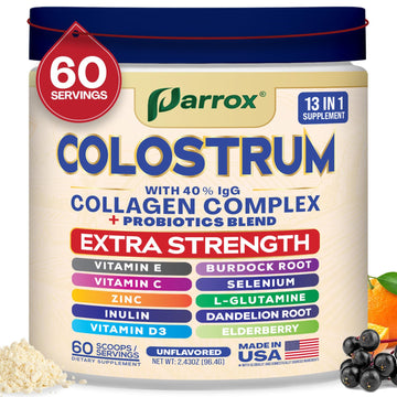 Parrox Colostrum Powder with 40% IgG, Collagen, Probiotics, Burdock Root, L-Glutamine, Elderberry, Vitamin C, Vitamin E, Vitamin D3, Inulin, Selenium, Dandelion Root, Zinc, 60 Servings (Unflavored) Parrox Au supplements