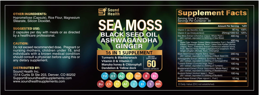 Sea Moss Capsules with Ashwagandha, Turmeric, Bladderwrack, Vitamins C & D for Natural Energy, Sleep Support & Hair Growth, 1200mg Herbal Blend, for Man & Women, Third-Party Tested，16-in-1 Supplement SoundHealth Au supplements