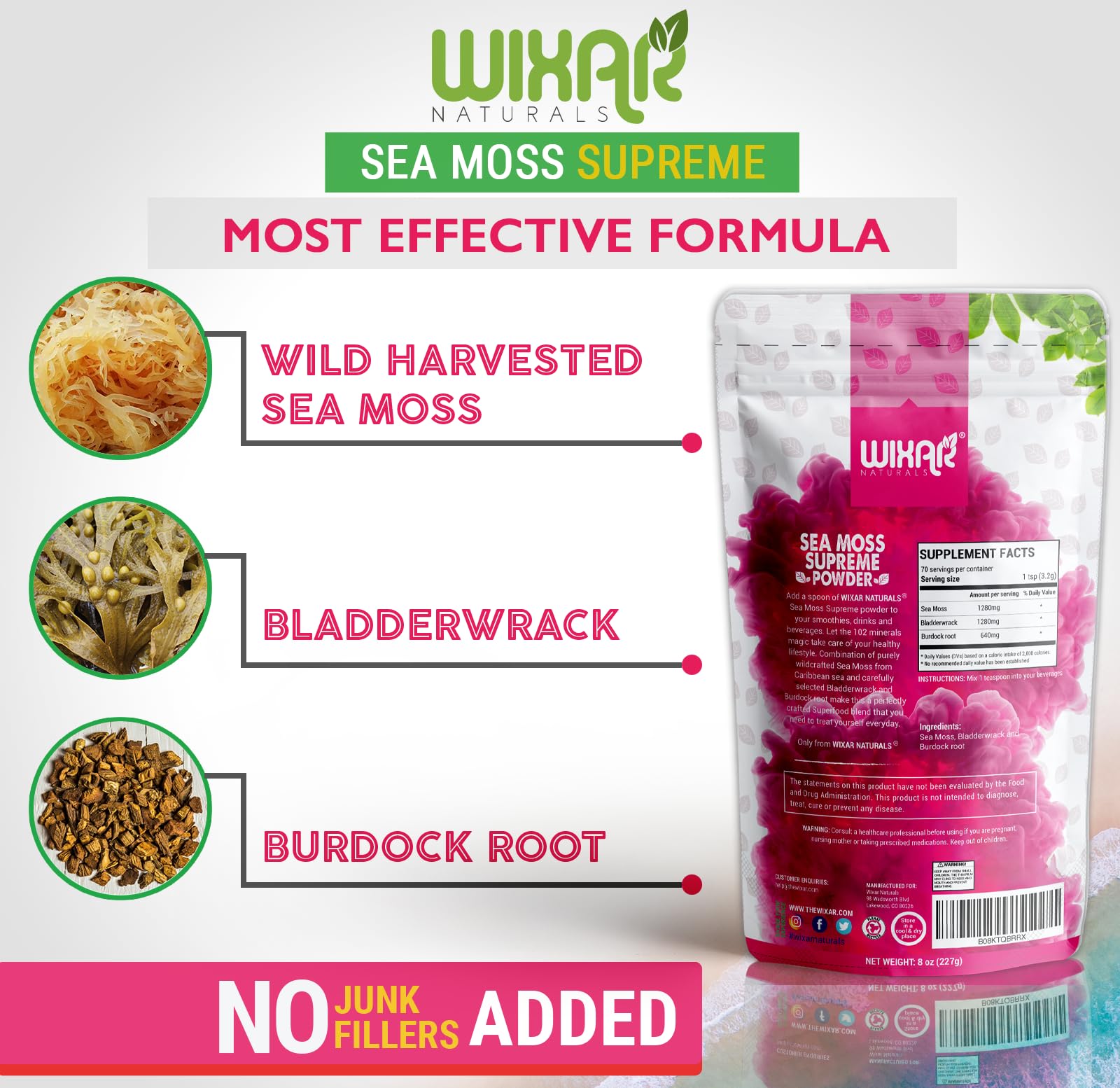 Wixar Wildcrafted Sea Moss Powder – (8 Ounces) – Natural Irish Sea Moss and Bladderwrack with Burdock Powder - Thyroid Support, Healthy Skin, Keto Detox, Joint Support Alkaline Supplements WIXAR NATURALS Au supplements