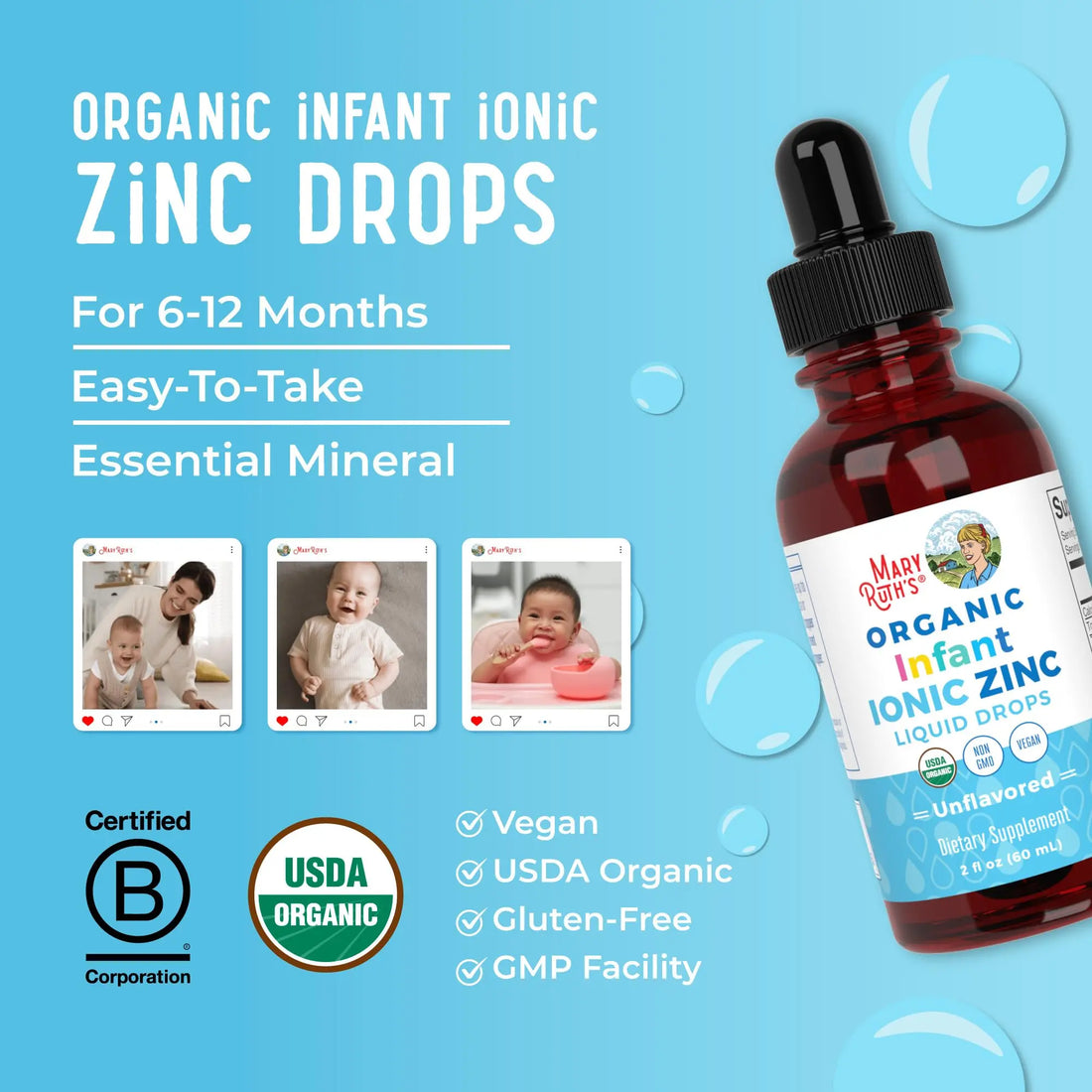 MaryRuth Organics Organic Infant Ionic Zinc Liquid Drops | Zinc Sulfate for Immune Support | Organic Glycerin | Antioxidant | Vegan | Formulated for Babies Ages 6-12 Months | 1 Month Supply | 2 Fl Oz MARYRUTH'S Au supplements