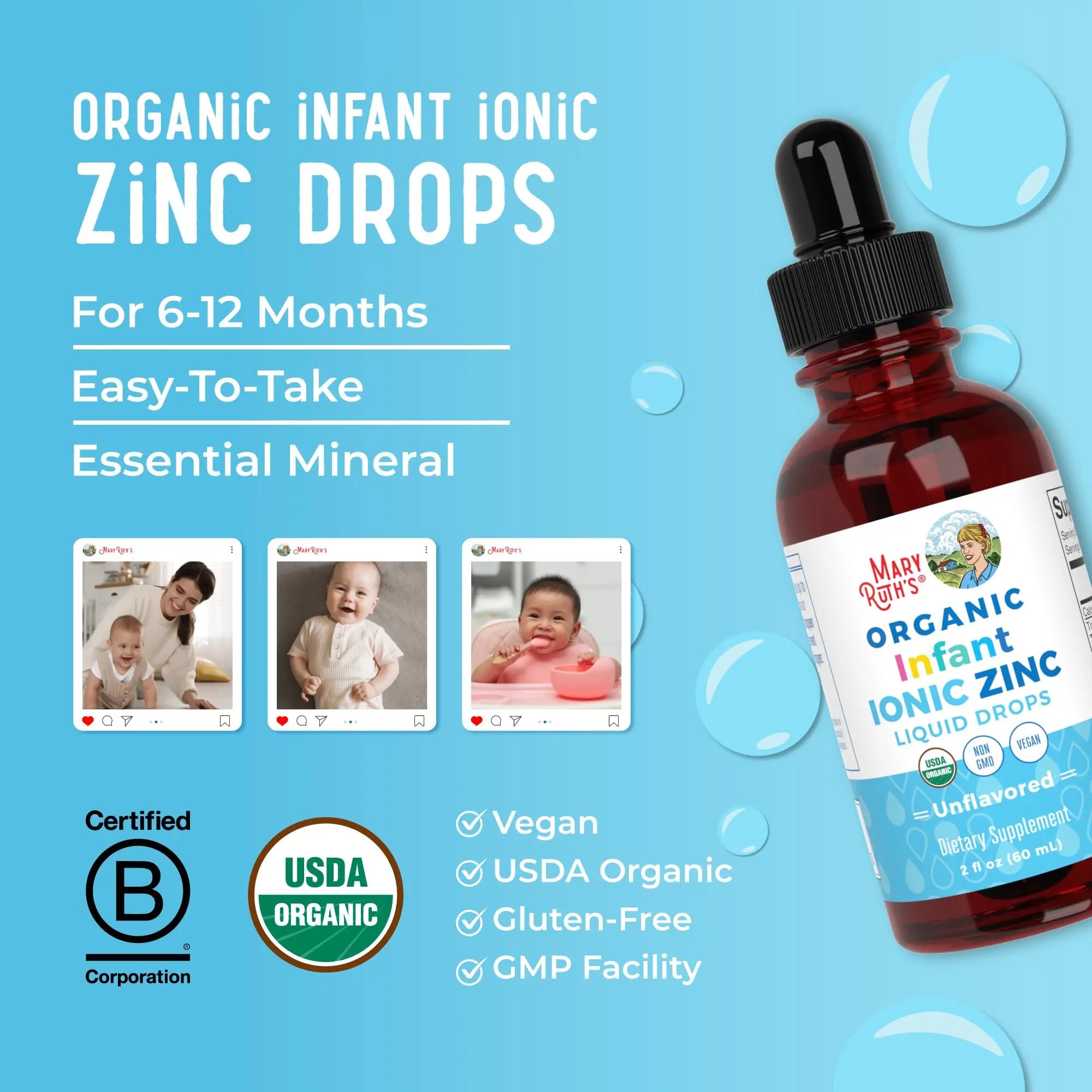 MaryRuth Organics Organic Infant Ionic Zinc Liquid Drops | Zinc Sulfate for Immune Support | Organic Glycerin | Antioxidant | Vegan | Formulated for Babies Ages 6-12 Months | 1 Month Supply | 2 Fl Oz MARYRUTH'S Au supplements