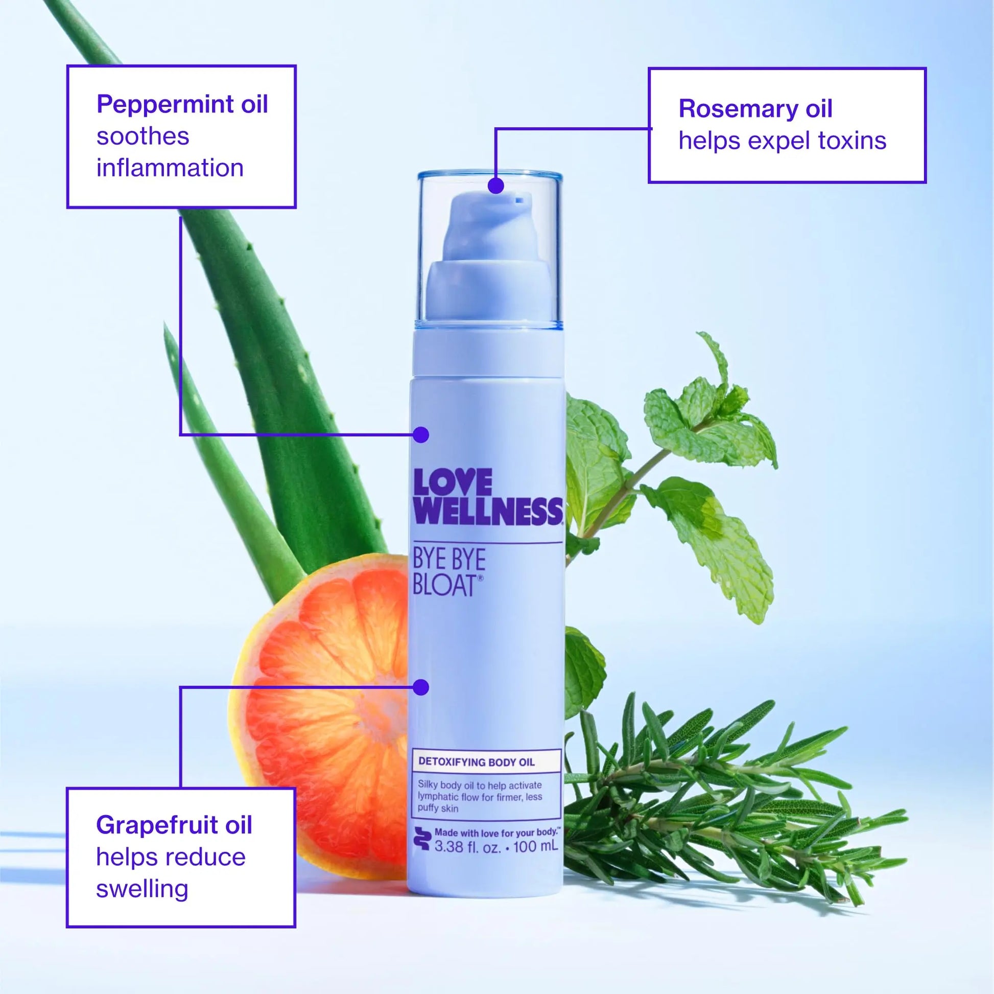 Love Wellness Bye Bye Bloat Detoxifying Body Oil | Lymphatic Drainage Oil to Hydrate, Depuff & Awaken Skin | Reduce Swelling Massage Oil for Women with Peppermint, Grapefruit & Rosemary Oil |100 mL Love Wellness Au supplements
