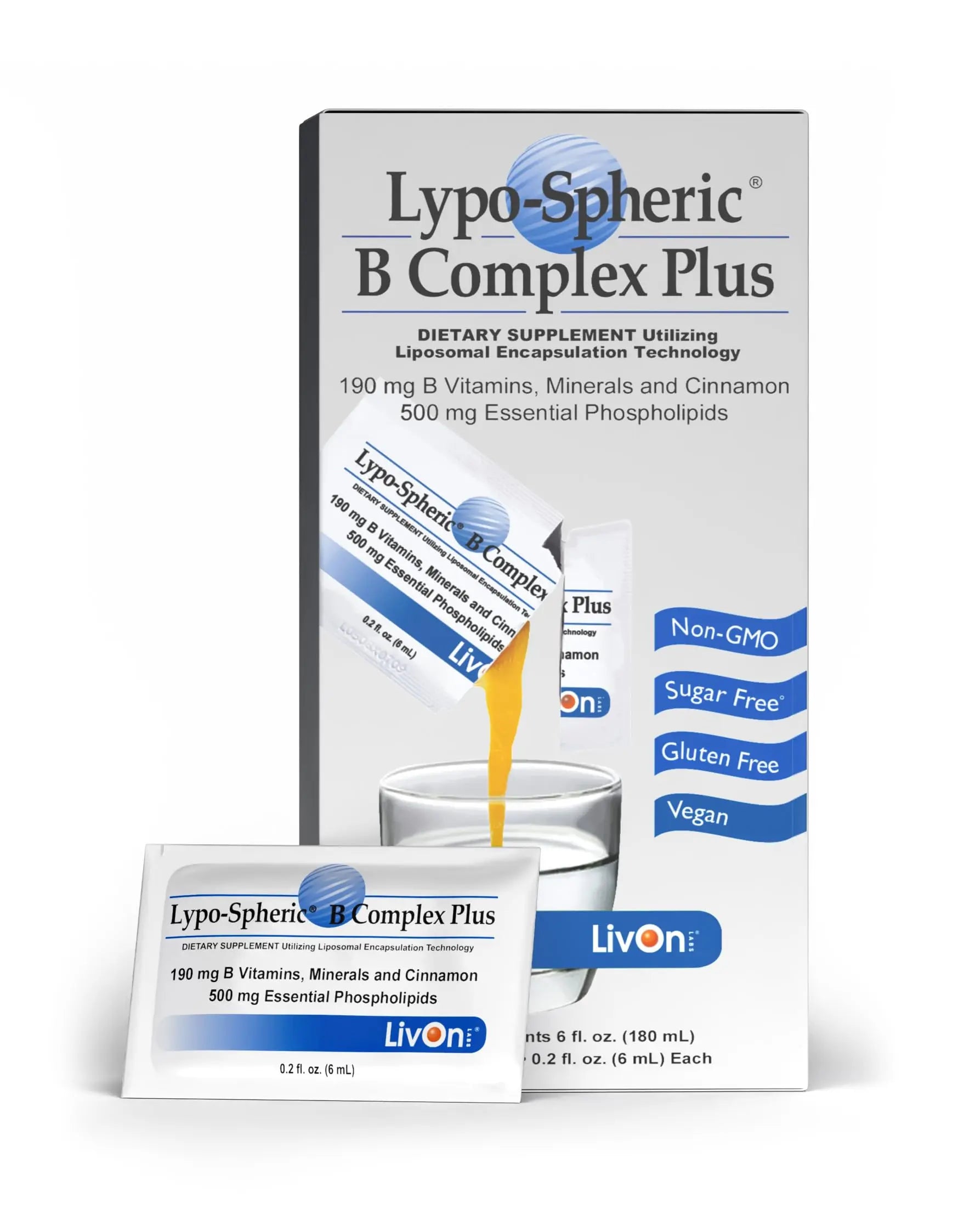 LivOn Laboratories Lypo–Spheric B Complex Plus – 30 Packets – 195 mg B Vitamins, Minerals & Cinnamon Per Packet – Liposome Encapsulated for Improved Absorption – 100% Non–GMO LivOn Laboratories Au supplements