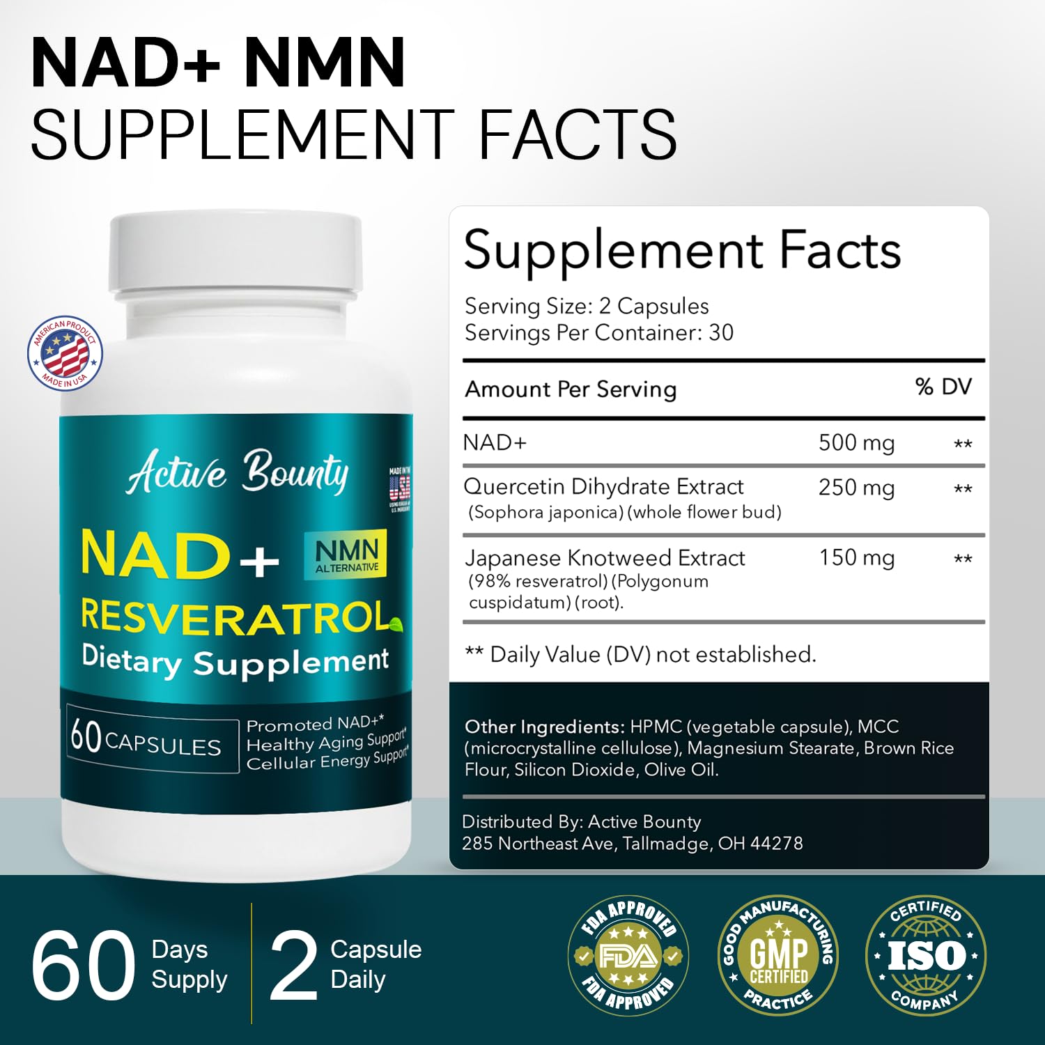 NAD+ Resveratrol Supplement with Quercetin – NMN Alternative for Cellular Energy Support, Focus & Healthy Aging – High Potency 500mg NAD+ Formula, Vegan, Non-GMO, Gluten-Free, Made in USA, 60 Capsules Active Bounty Au supplements