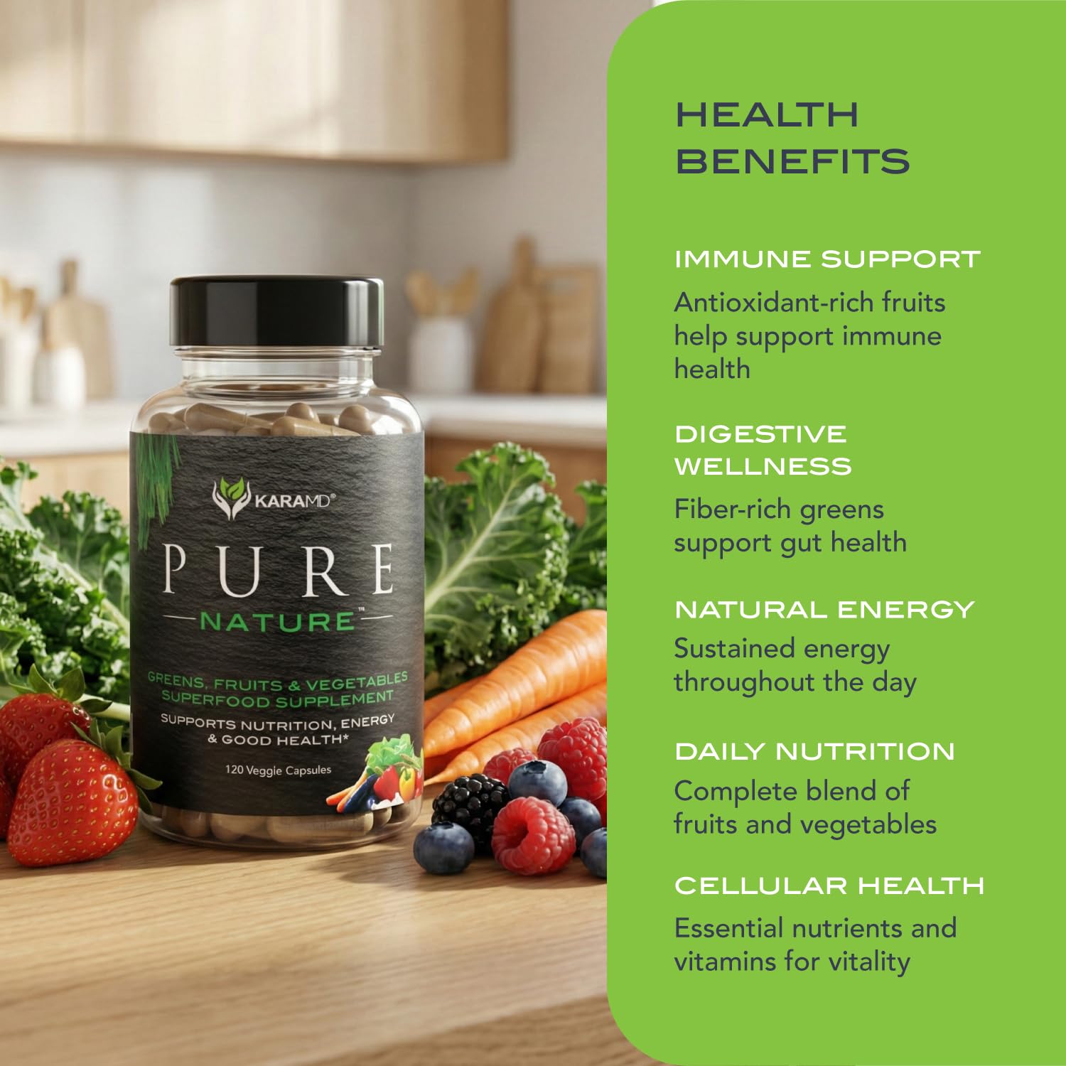 KaraMD Pure Nature | Greens, Fruit and Veggies Supplement | Vitamins, Fiber & Antioxidants | 20 Fruits and Vegetables Supplements for Energy & Digestion | Gluten Free & Vegan Friendly (30 Servings) KaraMD Au supplements