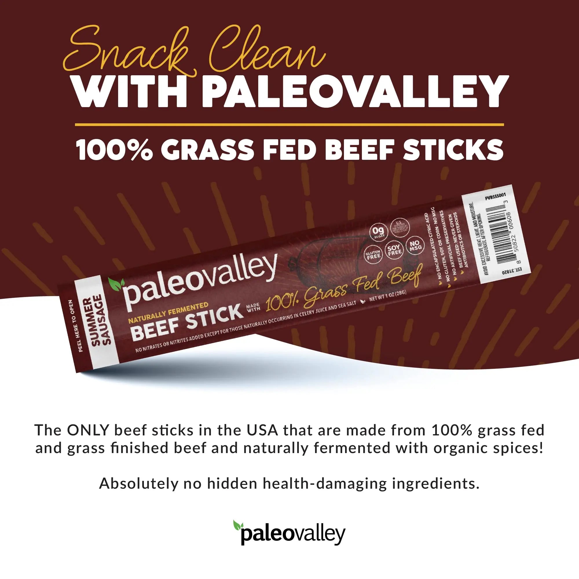 Paleovalley 100% Grass Fed Summer Sausage Beef Sticks - Delicious Gluten Free Beef Snack - High Protein Keto Friendly Paleovalley Au supplements