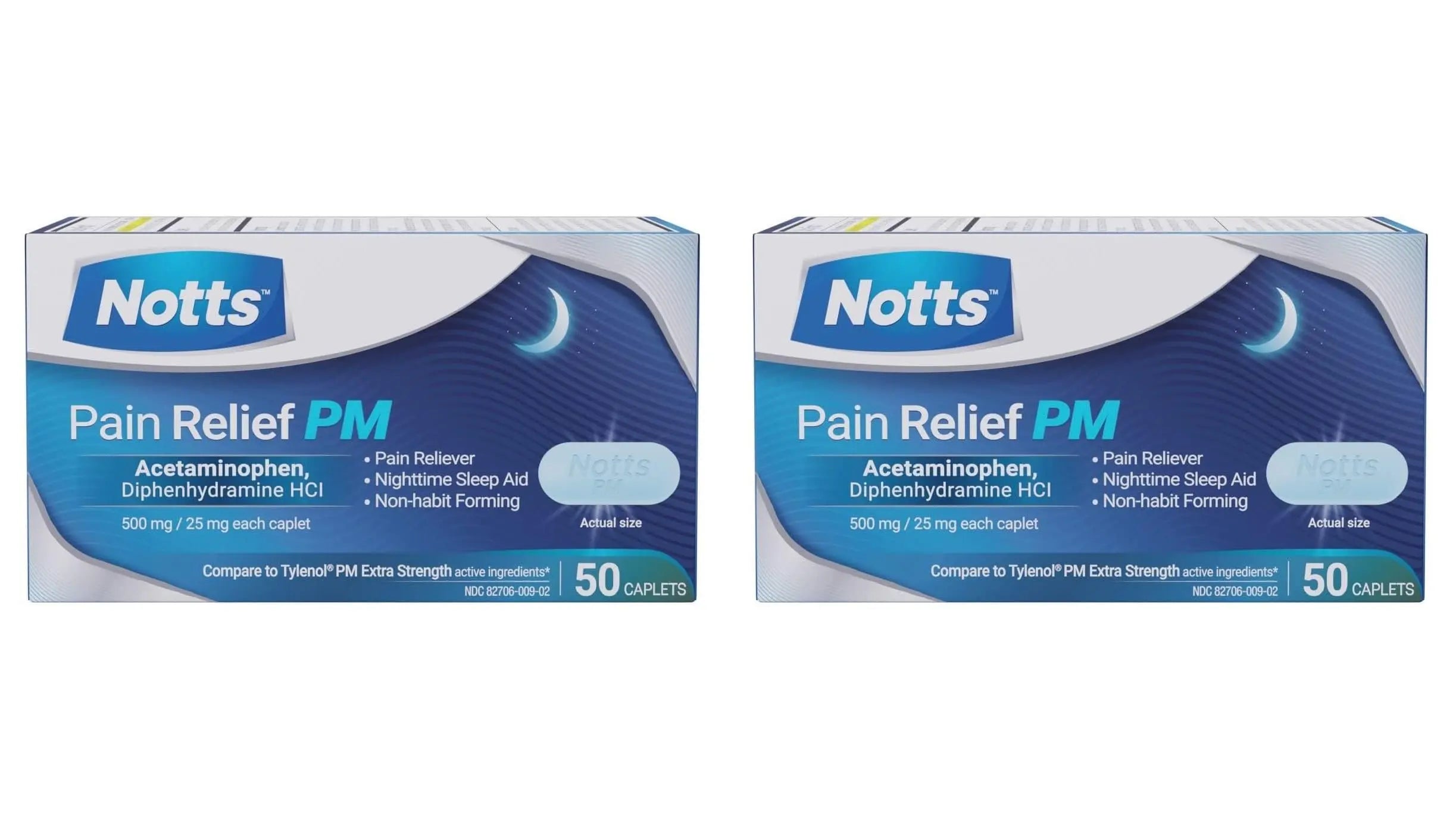 NOTTS PM Extra Strength Pain Relief & Sleep Aid, 500mg Acetaminophen & 25mg Diphenhydramine HCl, 50 Caplets for Nighttime Aches, Headaches & Body Pain, Non-Habit Forming (Pack of 2) NOTTS Au supplements