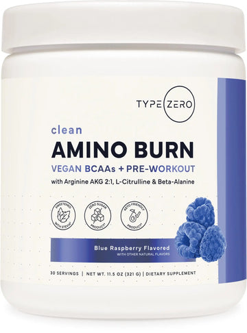 Type Zero Amino Burn - Vegan BCAA + Clean Pre Workout Powder with Arginine AKG, L-Citrulline & Beta Alanine - Amino Acid Clean Energy, Endurance & Hydration Supplement - Blue Raspberry, 30 Servings Type Zero Au supplements