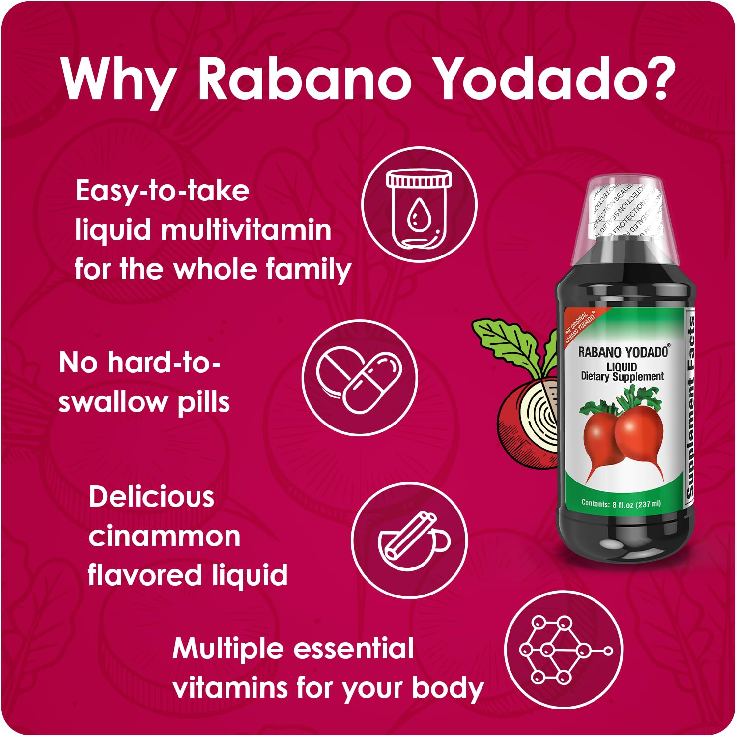 Rabano Yodado Ionized Radish Dietary Liquid Supplement with Iodine, Vitamin B1, B6 & B12, Wellness & Digestive Support, Helps Maintain Natural Energy & Nutrient Balance, 8 Fl Oz, Pack of 1 Rabano Yodado Au supplements