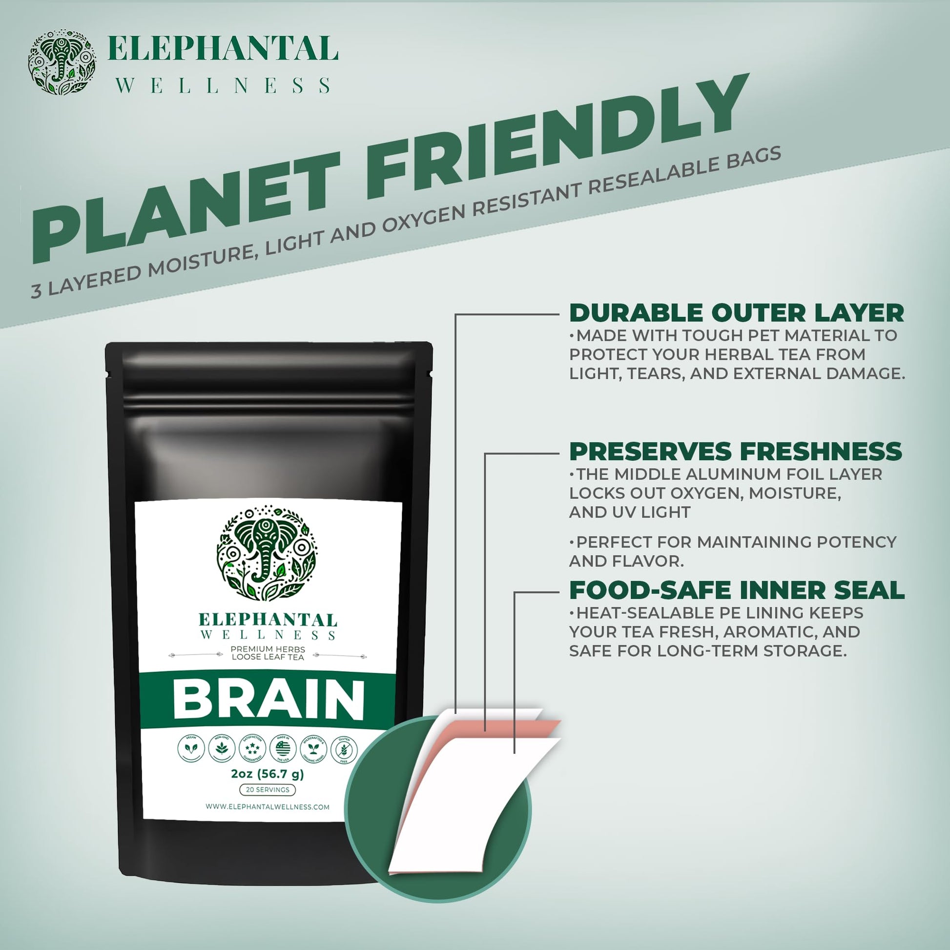 Elephantal Wellness Premium Brain Herbal Tea | Nootropic Focus & Mental Clarity with Ginkgo, Bacopa, Gotu Kola & Rosemary | Non-GMO, Caffeine-Free Coffee Alternative, Handmade Loose Leaf Blend, 2oz Loose Leaf, 20 Servings Elephantal Wellness Au supplements