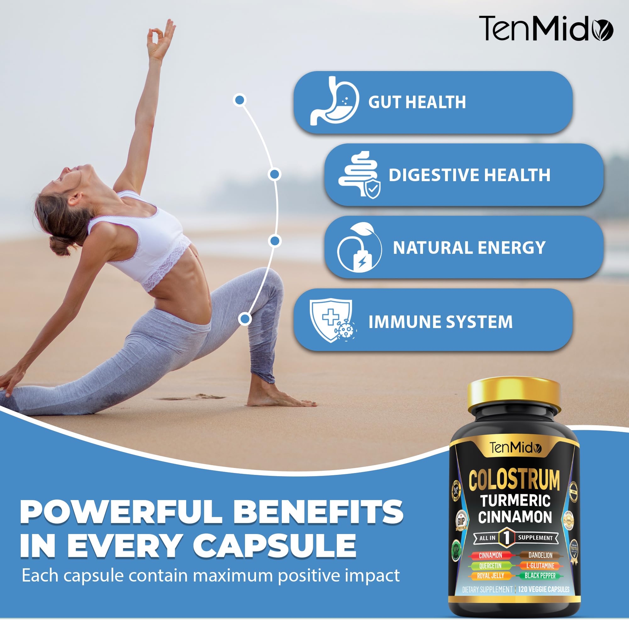 Tenmido Colostrum Supplement - 8in1 Formula - Combine with Turmeric, Ceylon Cinnamon, Quercetin, Royal Jelly, Dandelion, L- Glutamine, and Black Pepper - Digestive Health Support - 120 Capsules Tenmido Au supplements