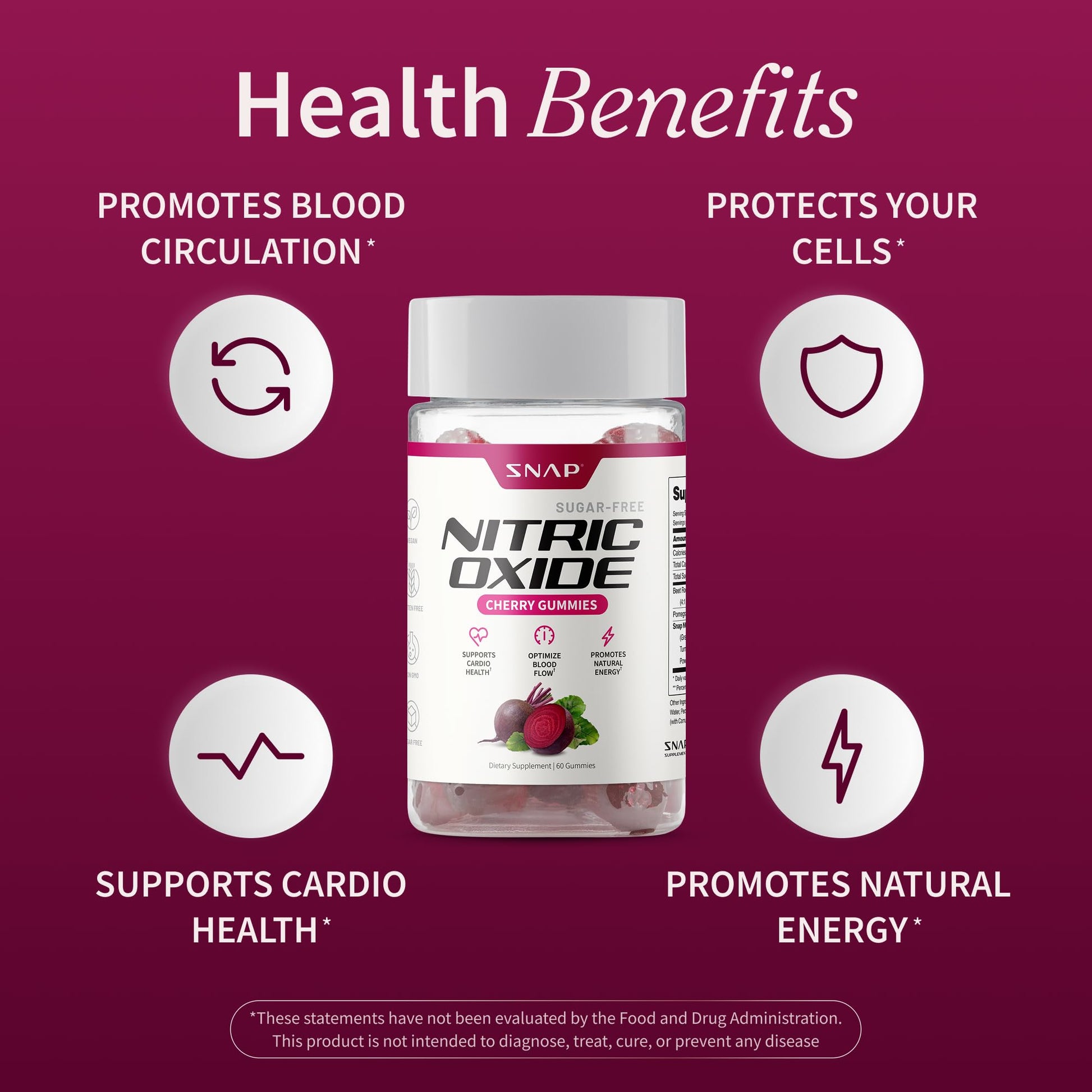 Snap Supplements Nitric Oxide Gummies - Beet Root Extract 300mg, Sugar Free Beetroot Supplement with Pomegranate Powder for Circulation & Natural Energy, 60 Vegan Gummies, Cherry Flavor Snap Supplements Au supplements
