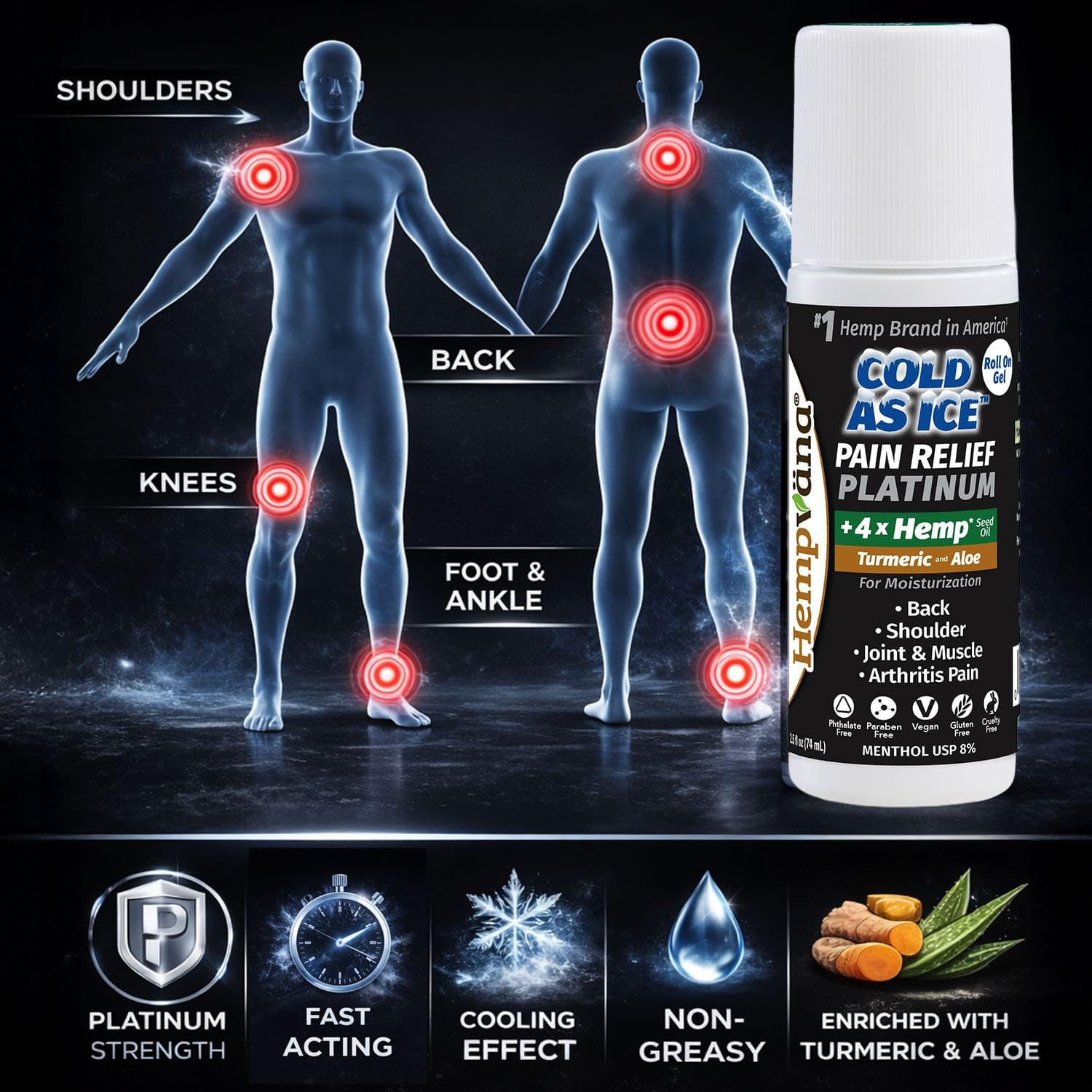 Hempvana Roll On Cold As Ice Platinum Fast Pain Relief for Knees, Neck, Hips, Shoulders, Back + Arthritis Pain Relief w/Hemp Seed Oil, AS SEEN ON TV, Cooling Menthol Hempvana Au supplements