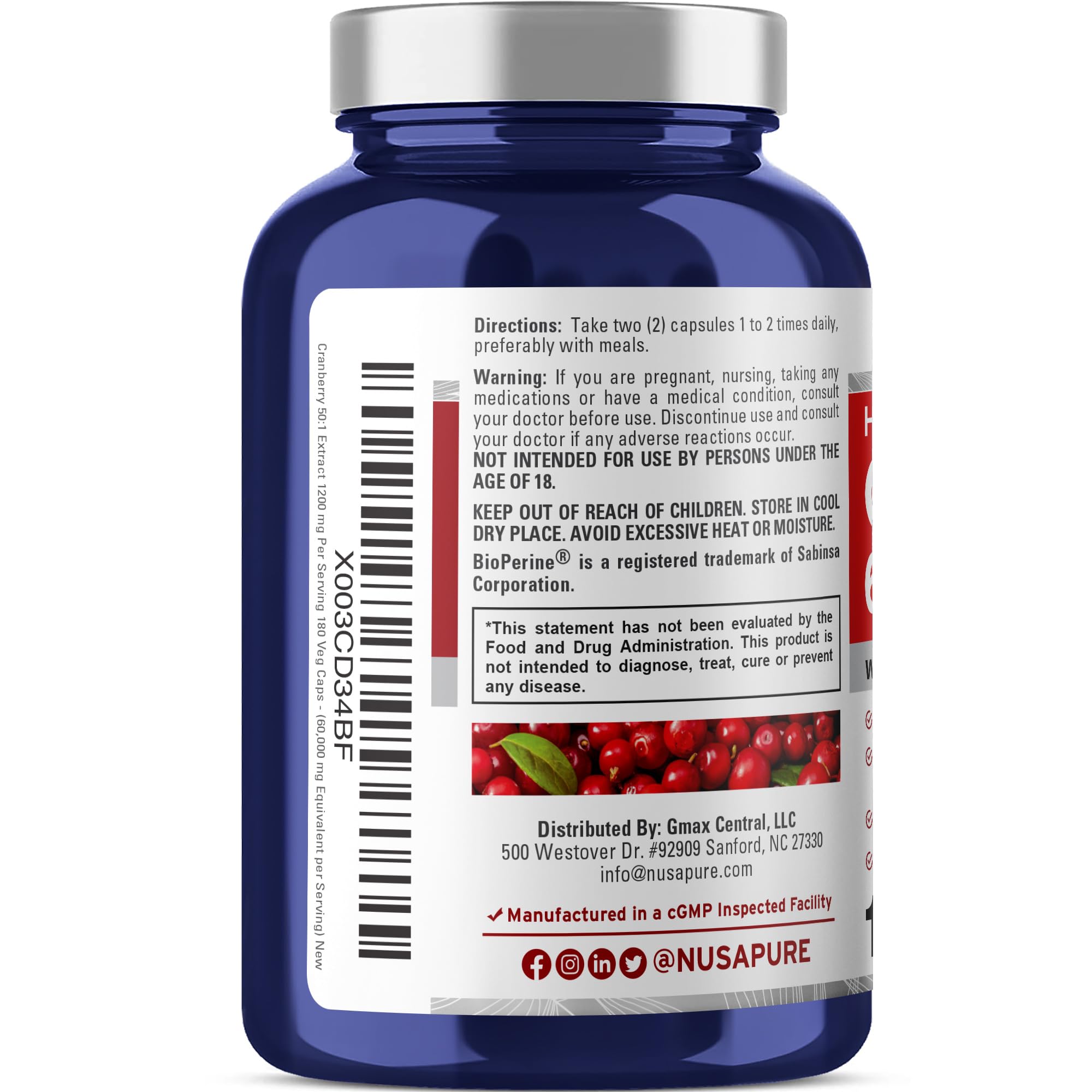 NusaPure Cranberry 60,000 mg 180 Veg Caps (Bioperine, Non-GMO, Vegan) NusaPure Au supplements