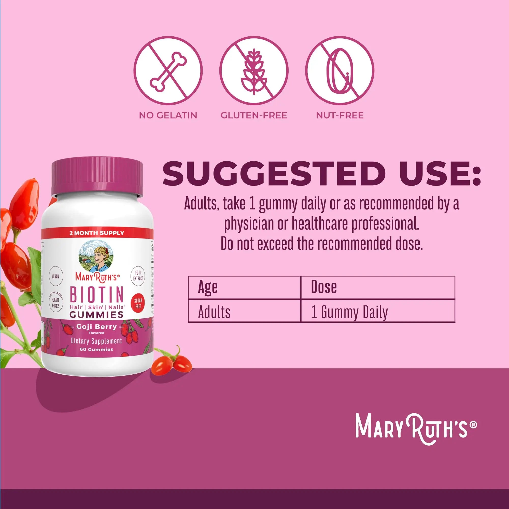 MaryRuth Organics Biotin Gummies | Sugar Free | Vegan | Non-GMO | 2,500 mcg Biotin Supplement | Hair Skin and Nails Vitamins | Hair Growth Vitamins | Hair Growth Supplement | 60 Count MARYRUTH'S Au supplements