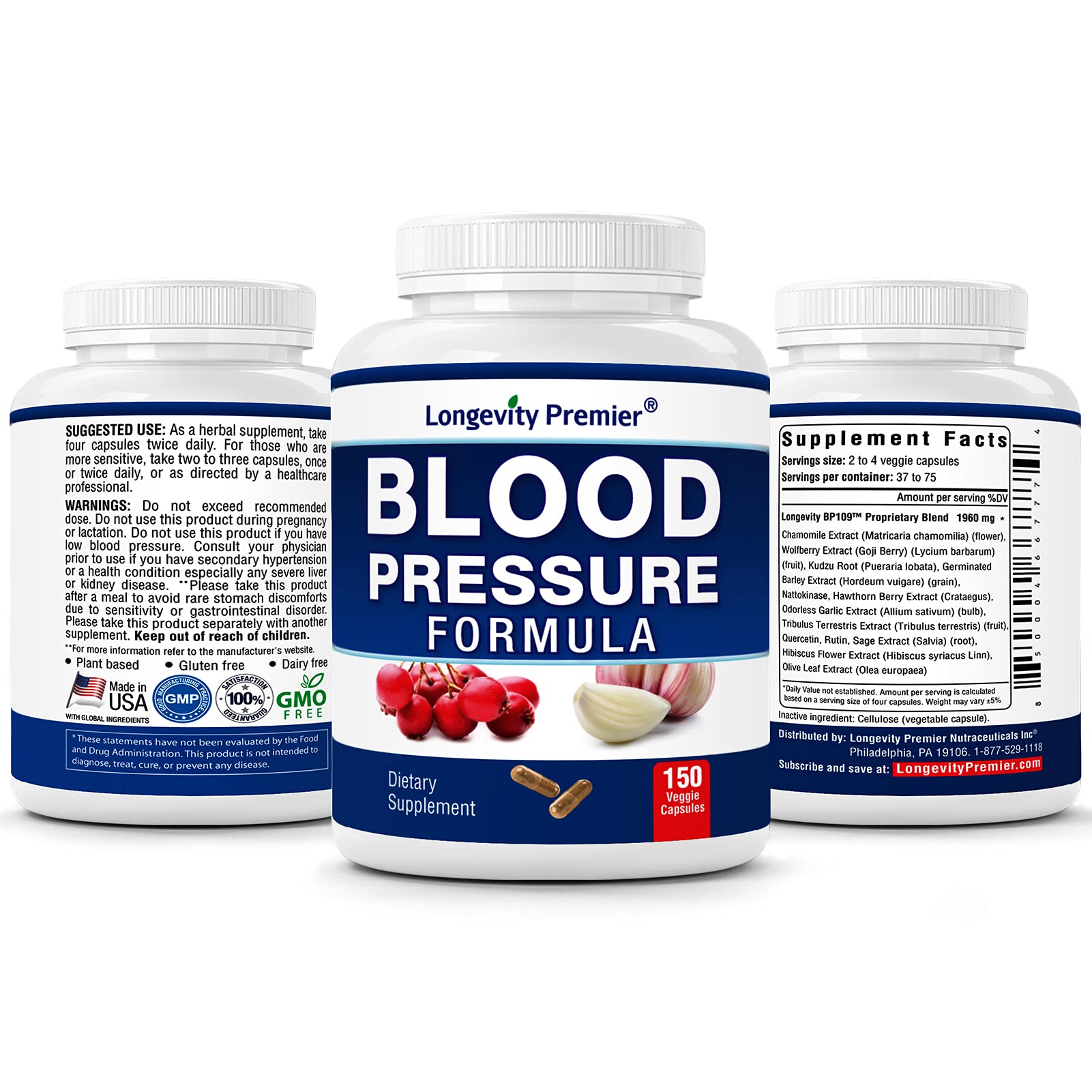 [3-Bottle X 150 Caps] Longevity Blood Pressure Formula -Scientifically formulated with Hawthorn & 12+ Quality Natural Herbs LONGEVITY PREMIER NUTRACEUTICALS INC Au supplements