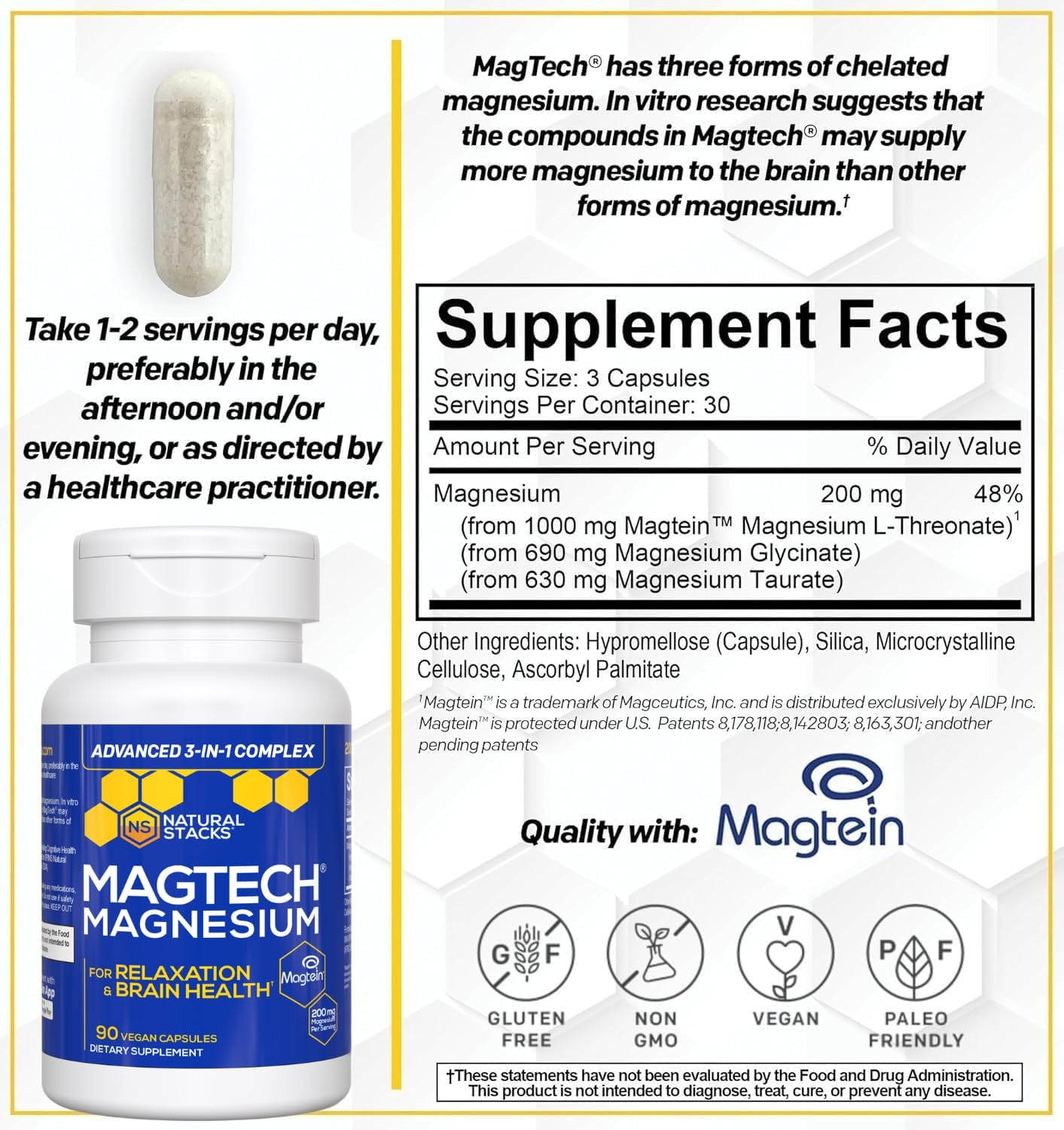 Magtein Magnesium L-Threonate, Glycinate & Taurate – 200mg Chelated Magnesium Complex – MagTech Magnesium Supplement for Relaxation & Brain Health – 90 Capsules NATURAL STACKS Au supplements