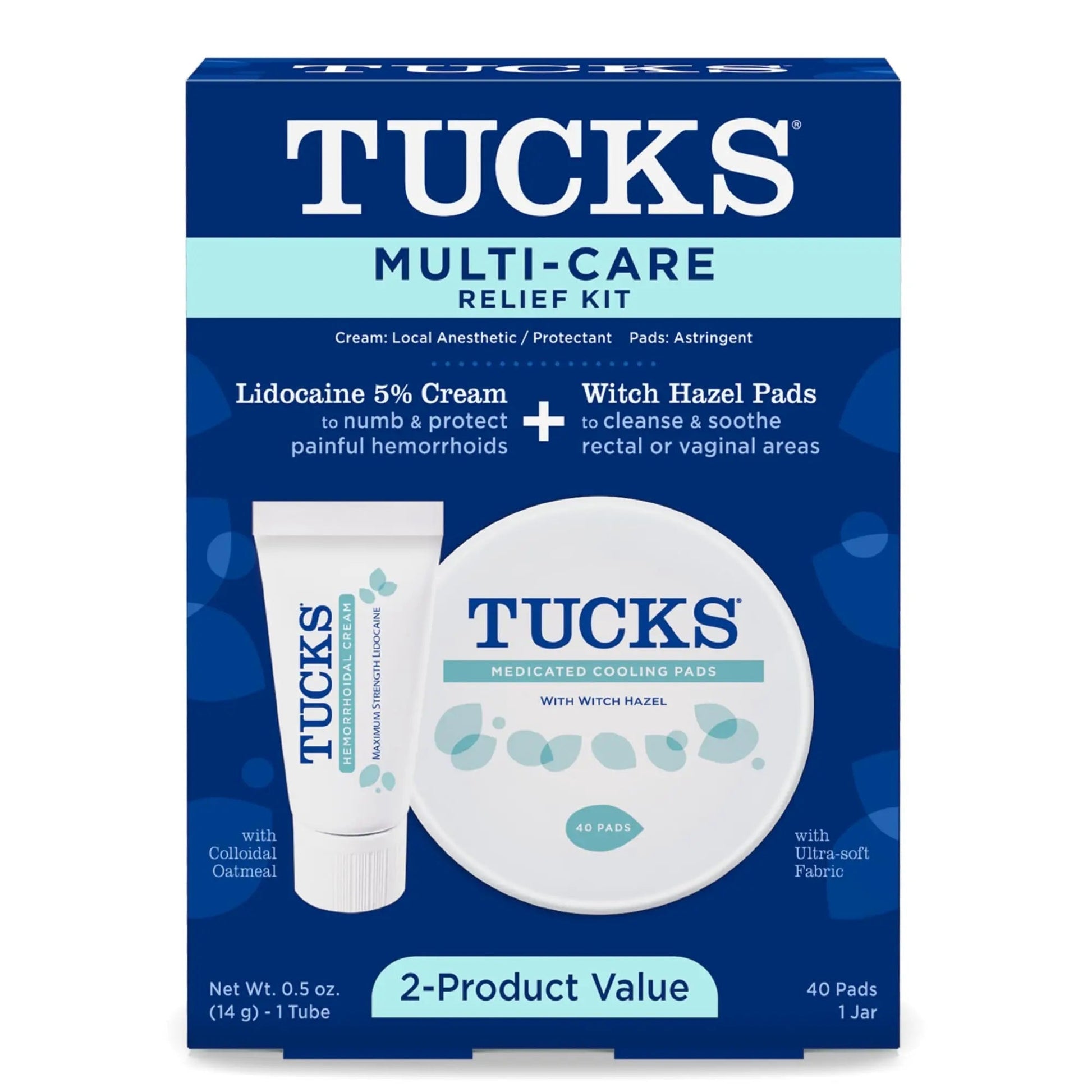 Tucks Multi-Care Relief Kit – 40 Count Witch Hazel Pads & 0.5 oz. Lidocaine Cream - Protects from Irritation, Hemorrhoid Treatment Medicated Pads Used by Hospitals TUCKS Au supplements