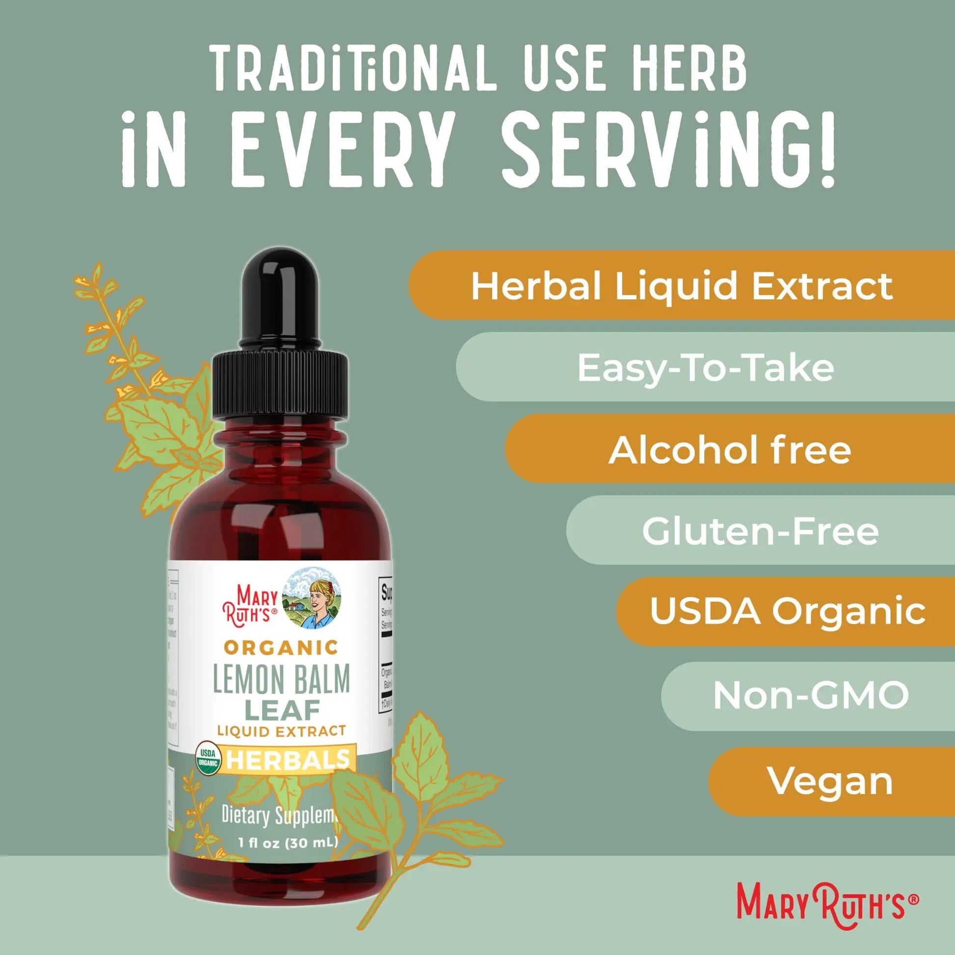 MaryRuth Organics Lemon Balm Leaf Liquid Extract | Mood Support | Relaxation | Calming | Nervine Herbal | Lemon Balm Tincture | USDA Organic | Vegan | Non-GMO | Gluten Free | 1 Fl Oz MARYRUTH'S Au supplements