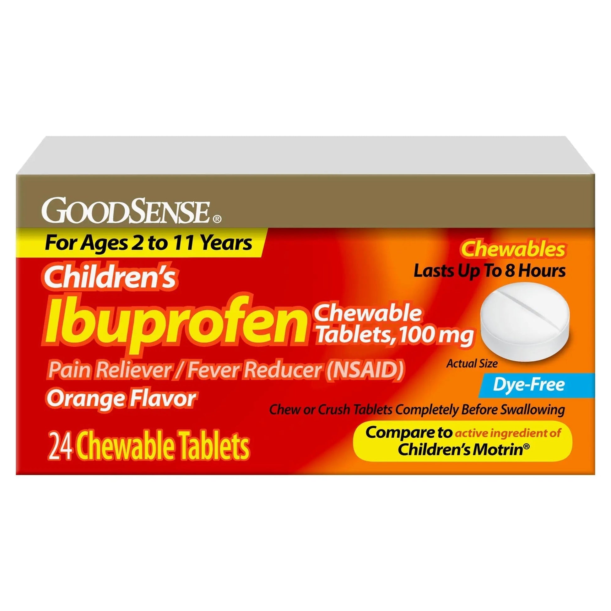 Childrens Ibuprofen Chewable Tablets, 100 mg, Orange Flavor, Pain Reliever and Fever Reducer, 24 Count GoodSense Au supplements