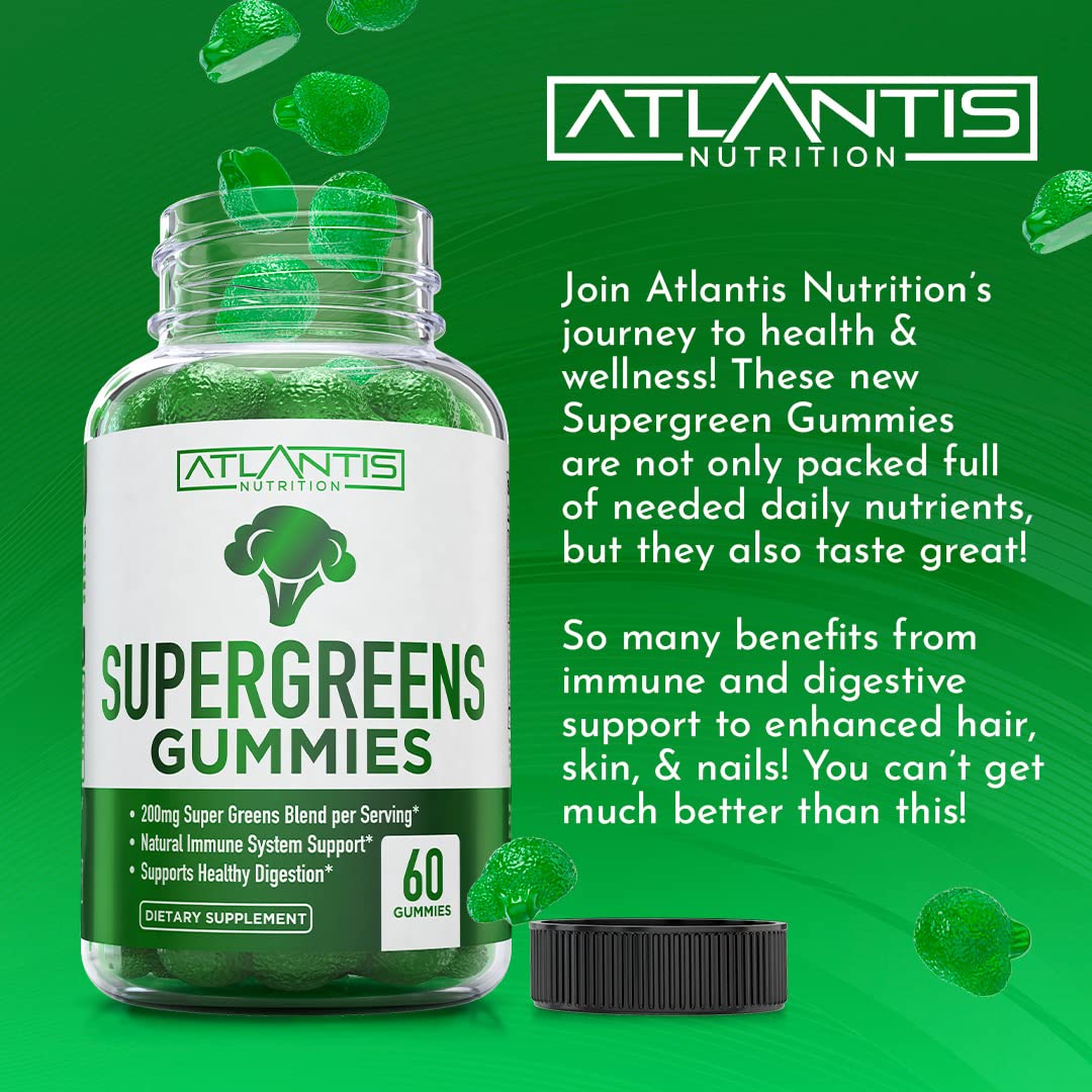 Atlantis Nutrition Supergreens Gummies - Daily Green Superfoods Supplement with Spinach, Broccoli, Moringa, Beet Root, Celery, Green Tea, & Acai for Immunity Support - Natural Raspberry Flavor, 60 cnt Atlantis Nutrition Au supplements