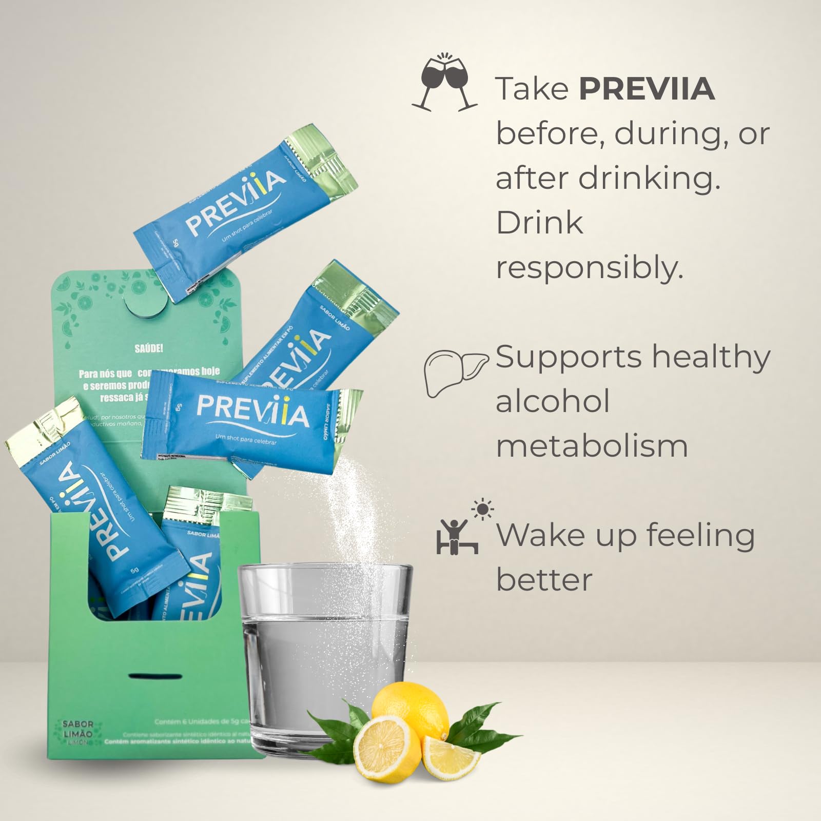 Previia – Pre-Drink Supplement | Nutrients Before Social Drinking | Cysteine, Choline, B-Complex, Magnesium, VIT C | Lemon Flavor | Soluble Drink | 6 Doses | Feel Better After Drinking Previia Au supplements