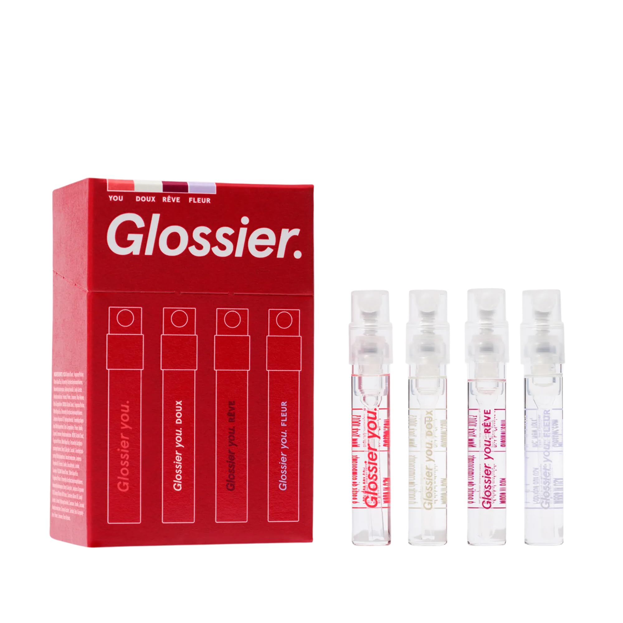 Glossier You Mini Wardrobe Fragrance Set - 4 Unisex Travel Size Eau de Parfum for Women & Men - Skin-Scent Enhancer Perfume Sampler, Smells Different on Everyone - You, Fleur, Doux, Rêve - 1.5ml Each Glossier Au supplements