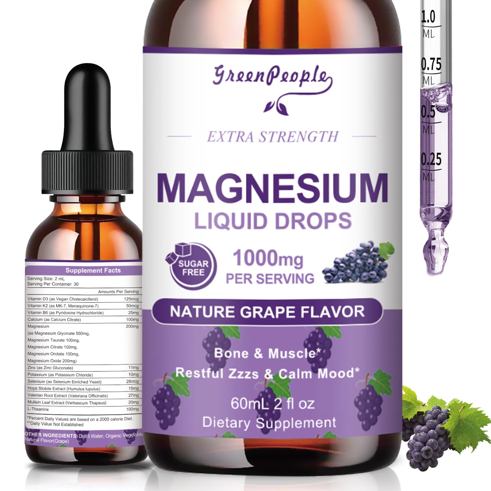 GREENPEOPLE Magnesium Glycinate Liquid Drops - 1000mg 5-in-1 High Absorption Liquid Magnesium for Sleep with D3/K2/B6 | Fast-Acting, Bone, Muscle & Sleep | Sugar-Free Grape Flavor, 2fl Oz GREENPEOPLE Au supplements