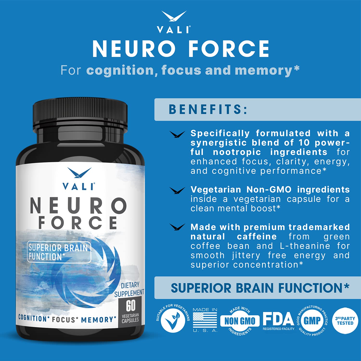 VALI Neuro Force Brain Booster Supplement for Focus, Memory, Clarity & Energy. Extra Strength Nootropic Cognitive Function Support for Mental Performance. with Natural Caffeine. 60 Veggie Capsules VALI Au supplements