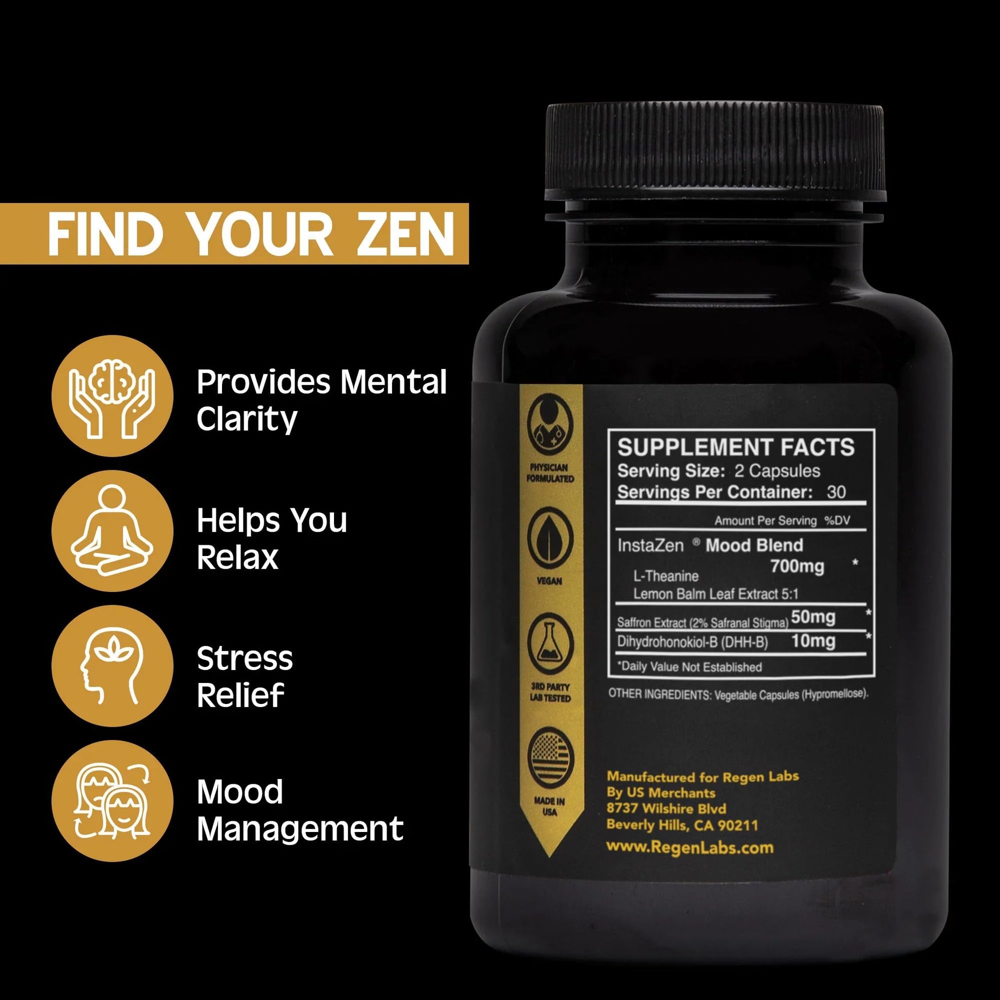 InstaZen Natural Stress Relief Supplement Mood Support | Doctor Formulated Herbal Calm Formula with DHHB, Safranal Extract, L-Theanine, Lemon Balm | Stress Support - 60 Capsules Regen Labs Regen Labs Au supplements