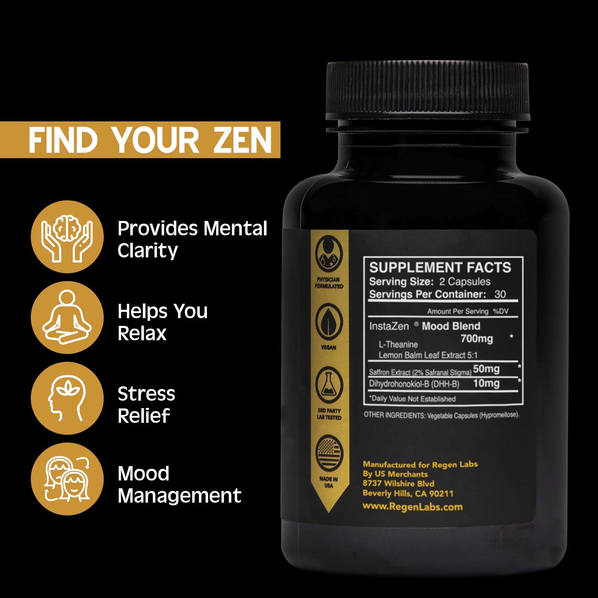 InstaZen Natural Stress Relief Supplement Mood Support | Doctor Formulated Herbal Calm Formula with DHHB, Safranal Extract, L-Theanine, Lemon Balm | Stress Support - 60 Capsules Regen Labs Regen Labs Au supplements
