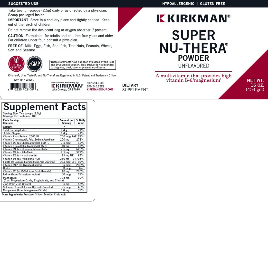 Super Nu-Thera Powder - Hypoallergenic - Unflavored - 16 Ounces Kirkman Au supplements