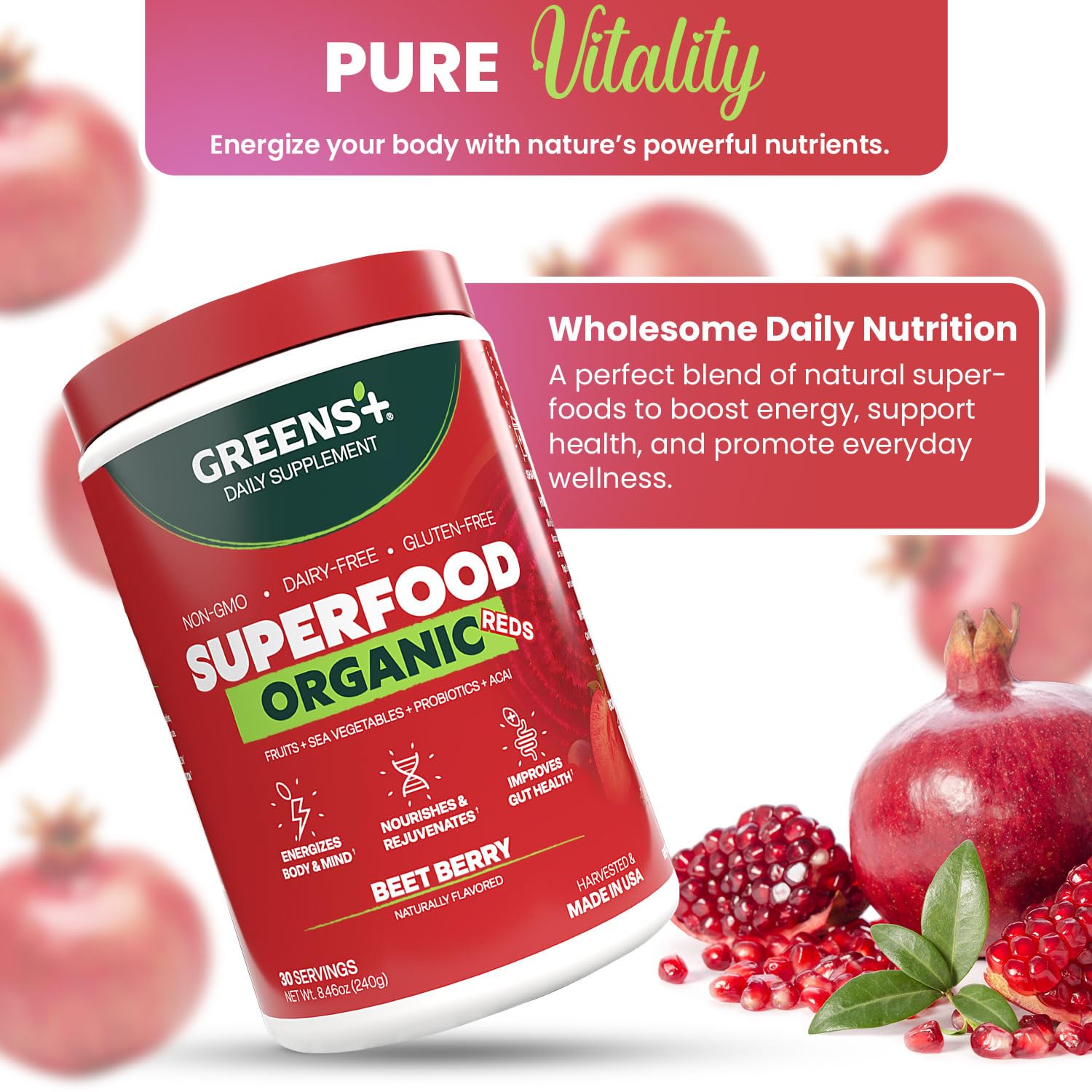 Greens+ Organic Reds Superfood Powder, Antioxidant, Polyphenol, Blend for Morning Kick, Energy, Vitality Boost, Nutrition, Vibrant Health, Vegan Soy/Dairy/Gluten Free(8.46oz) Greens+ Au supplements