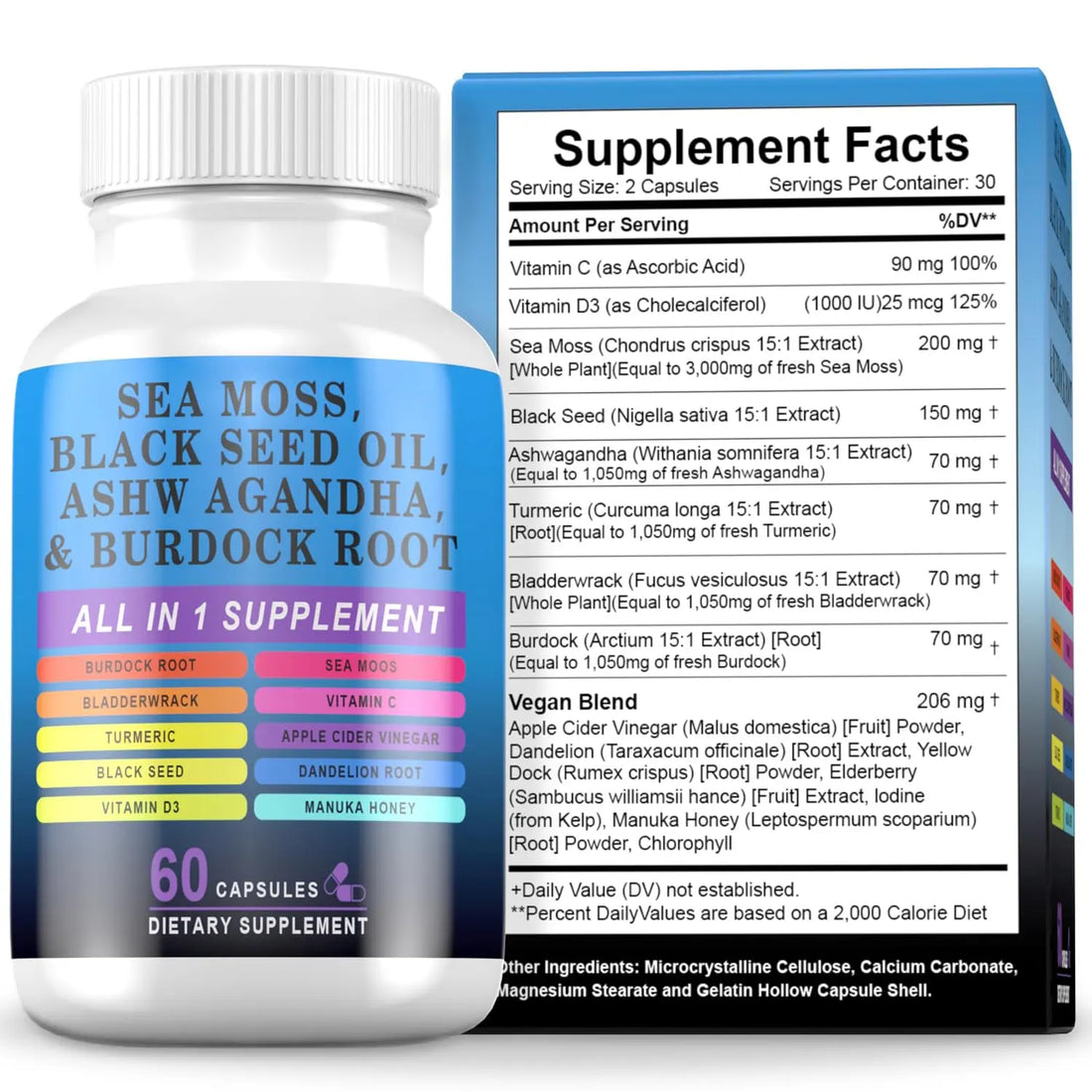Pyzor Sea Moss Black Seed Oil Ashwagandha Turmeric Bladderwrack Burdock, Elderberry Manuka Dandelion, Burdock Root Turmeric Vitamin D3 Chlorophyll - 60 Capsules Pyzor Au supplements