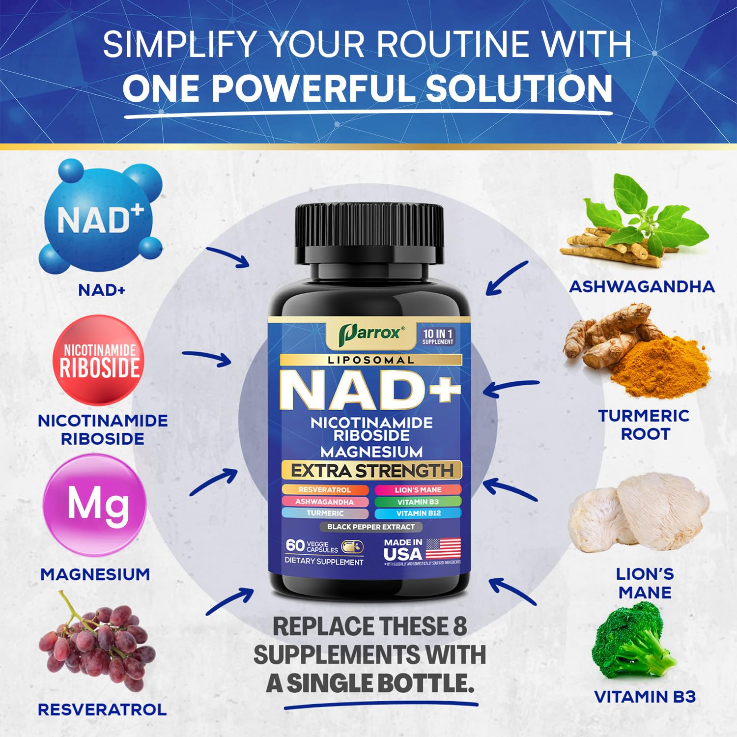 Parrox NAD+ Supplement with Liposomal NAD+, Nicotinamide Riboside, Magnesium, Vitamin B3 & B12, Resveratrol, Turmeric, Ashwagandha, Lion’s Mane,10-in-1 Extra Strength (2 Pack) Parrox Au supplements