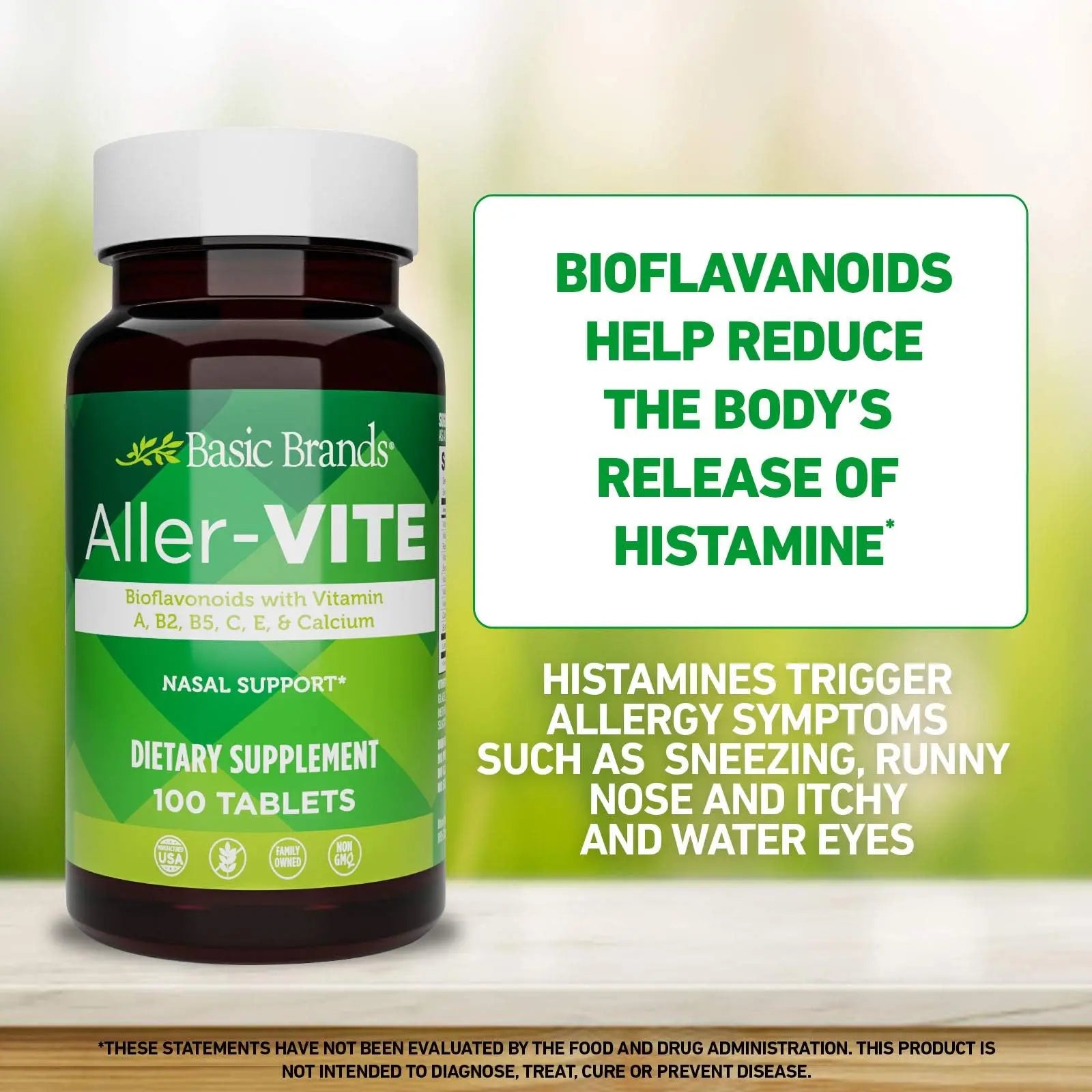 Basic Brands Aller Vite Nasal Support Tablets for Seasonal Allergy Relief, High Bioflavonoid Complex with Vitamins and Calcium, Gluten Free Daily Supplement, 100 Tablets Basic Brands Au supplements