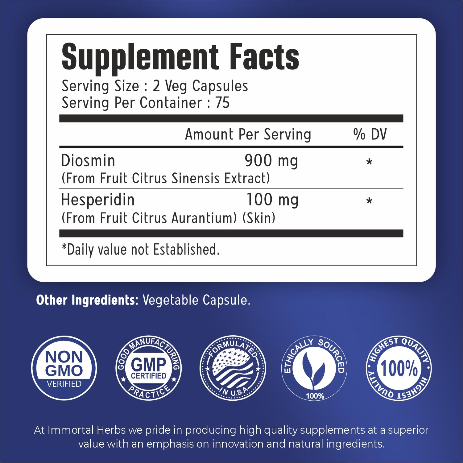 Immortal Herbs Diosmin Hesperidin 1000mg Complex, 150 Capsules, Citrus Bioflavonoids Rich Fruit Extract, 100% Vegetarian, Non-GMO & Gluten Free Diosmin Supplement with Max Strength Immortal Herbs Au supplements