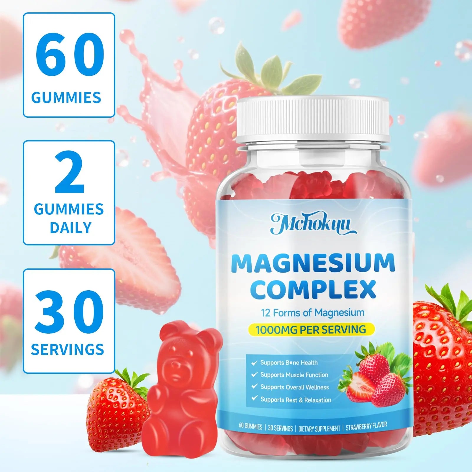 Magnesium Complex Gummies 1000mg | 12-in-1 Magnesium Complex Supplement with Glycinate, Citrate, Malate & Taurate Supports Muscle Function, Bone Health, Rest & Relaxation – Strawberry Flavor, 60 Count Mchokuu Au supplements
