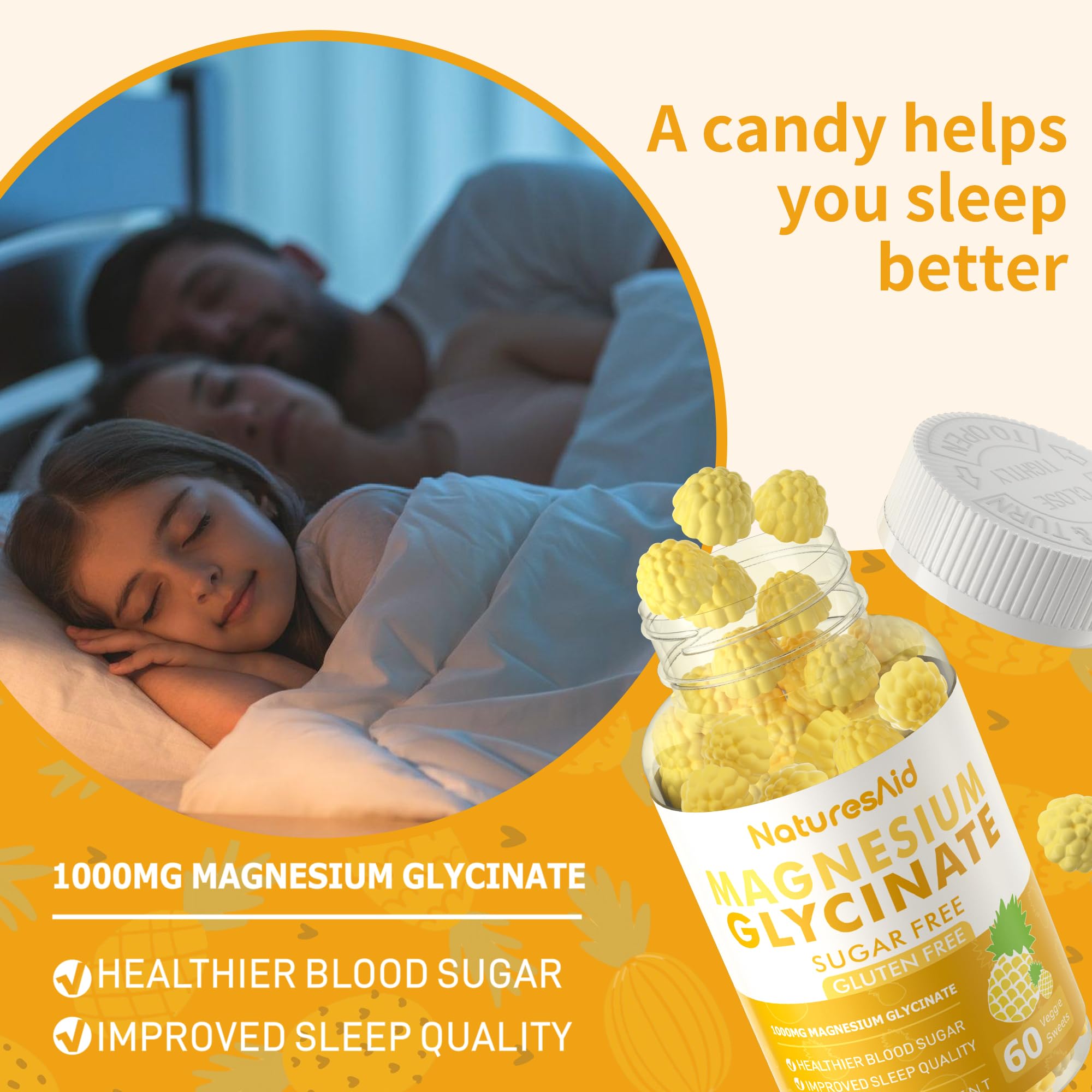 Magnesium Glycinate Gummies 1000mg - Sugar Free Magnesium Potassium Supplement with Vitamin D, B6, CoQ10 for Calm Mood & Sleep Support - 60 Pineapple Gummies -1 Pack Natures Aid Au supplements