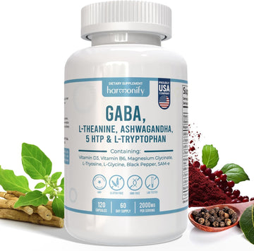 HARMONIFY GABA L-Theanine Supplements with Magnesium Glycinate, Ashwagandha, Same, 5-HTP and L-Tryptophan, 12 in 1 Supplements, 120 Capsules, 2000 mg HARMONIFY Au supplements