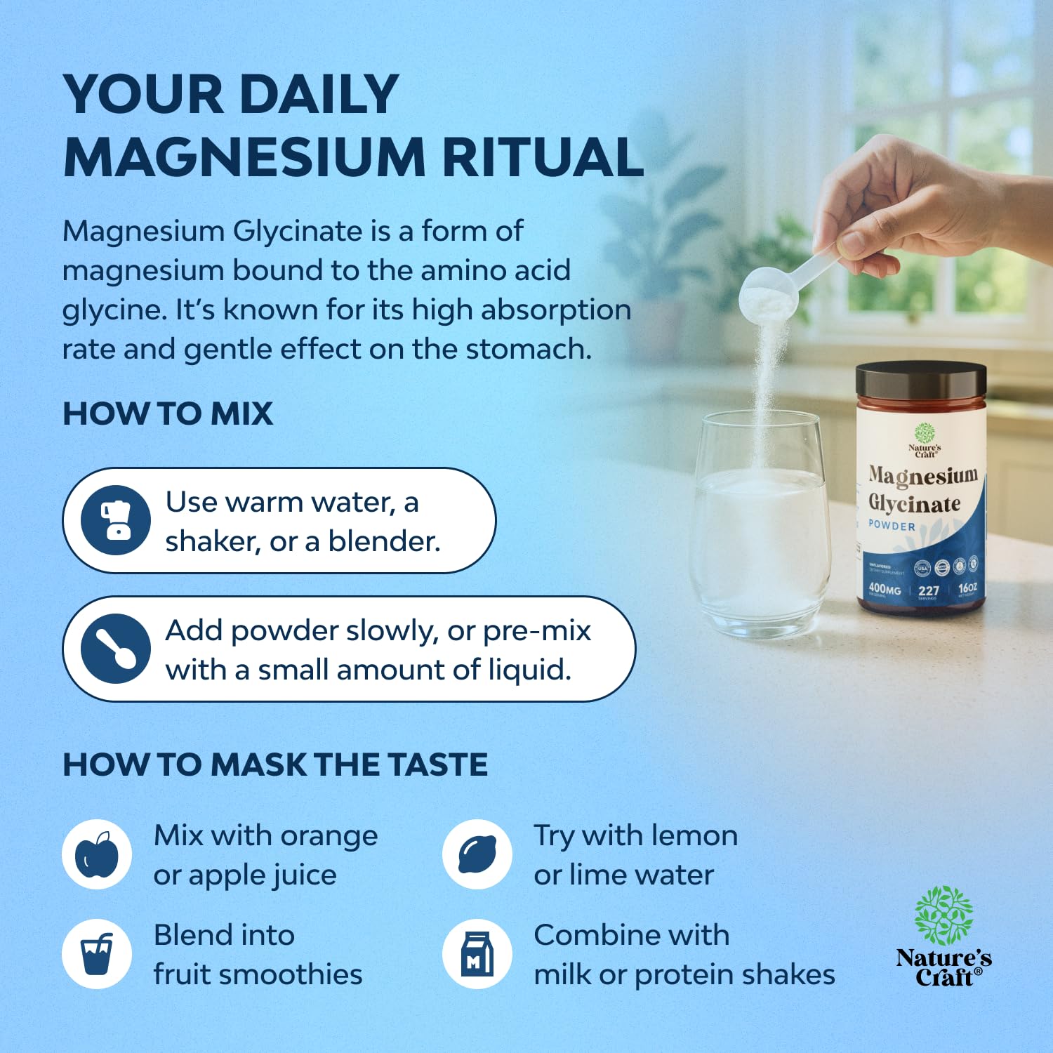 Potent Magnesium Glycinate Powder 400mg - Calm Magnesium Powder Bulk for Muscle Relax, Calm & Sleep Support for Adults - Glycinate Mag Soothe Vegan & Non-GMO Supplement - 1 Pack Natures Craft Au supplements