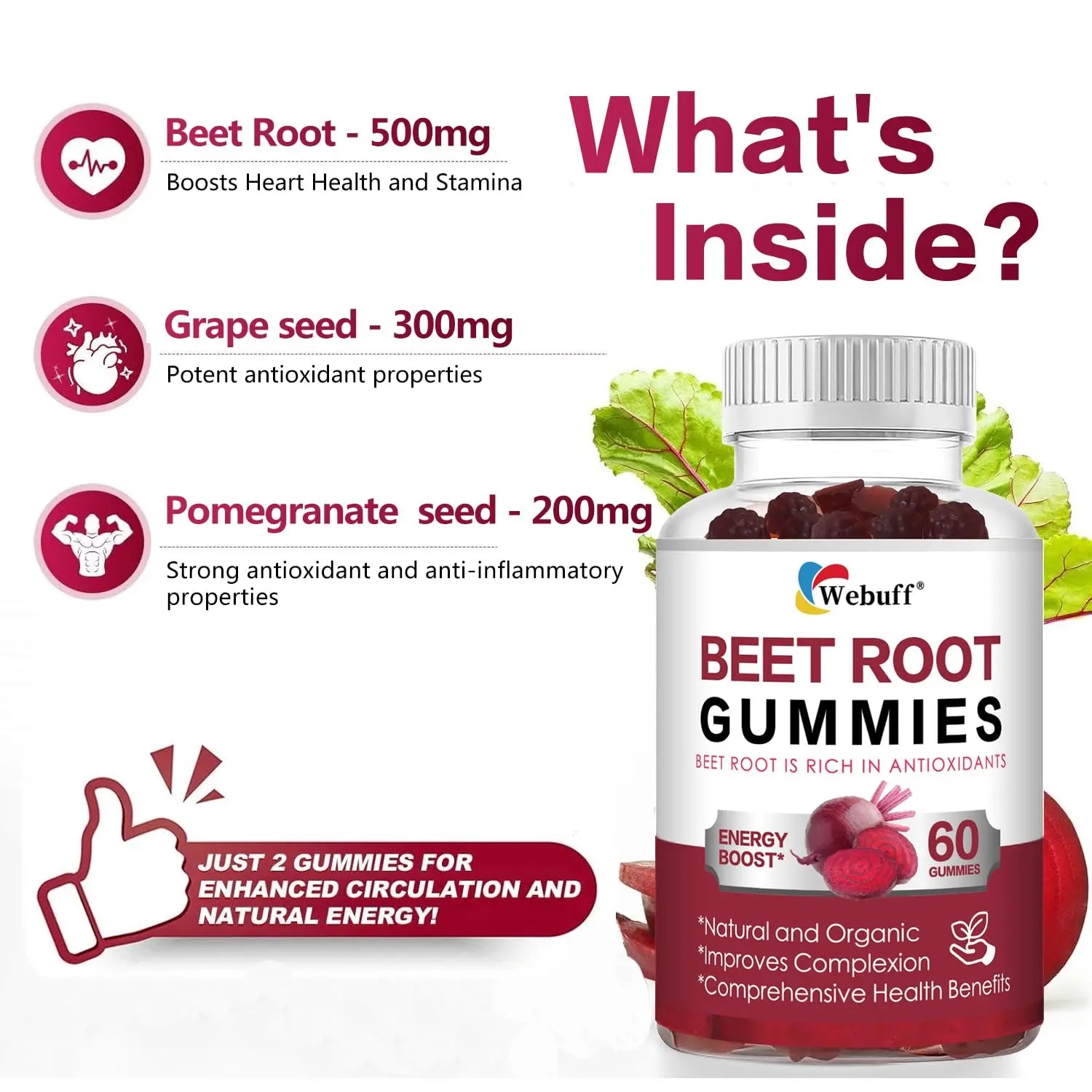 Webuff Beet Root Gummies - Nitric Oxide Booster with Organic Beet, Pomegranate & Grape Seed, Vitamin B12 - Energy, Circulation & Heart Health Support, Vegan, Non-GMO, 60 Count (Pack of 1) Webuff Au supplements