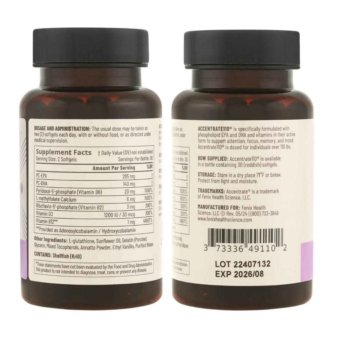 Accentrate110 - Focus Supplement - Methylated Vitamin B Complex with Omega 3 Fatty Acid Supplement - L-Methylfolate, Vitamin B12, P-5-P, Riboflavin, VIT D, – 60 Softgels (1 Month Supply) Accentrate Au supplements