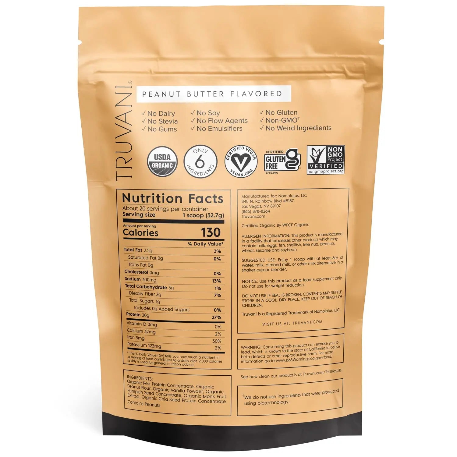 Truvani Organic Vegan Protein Powder Peanut Butter - 20g of Plant Based Protein, Powder Truvani Au supplements